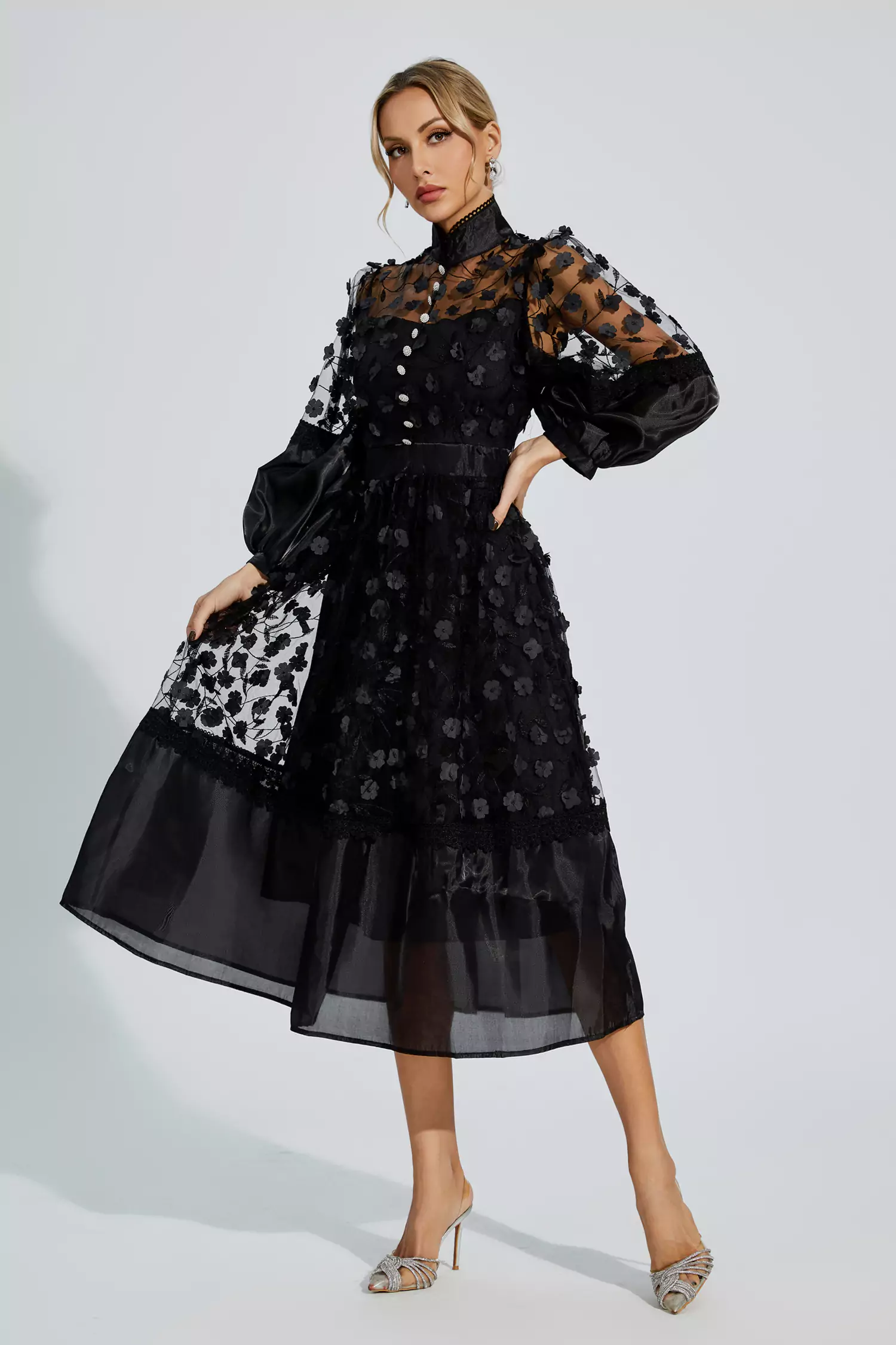 Lillie Black Mesh Flower Midi Dress-CATCHALL