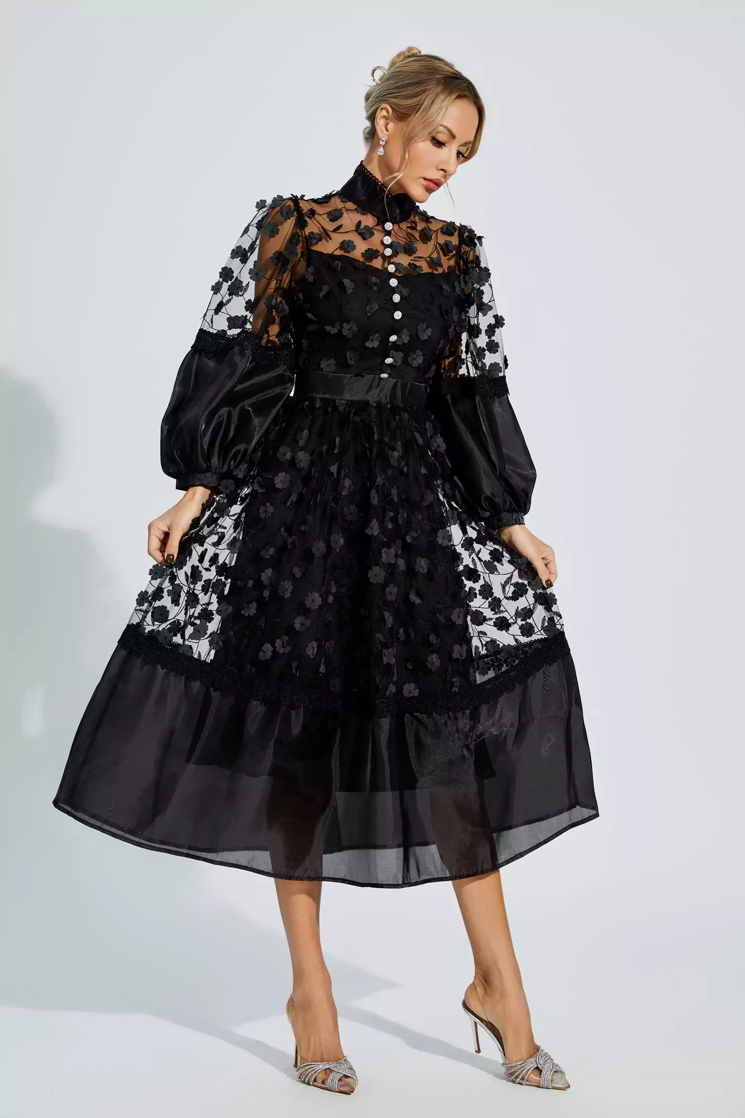 Lillie Black Mesh Flower Midi Dress-CATCHALL