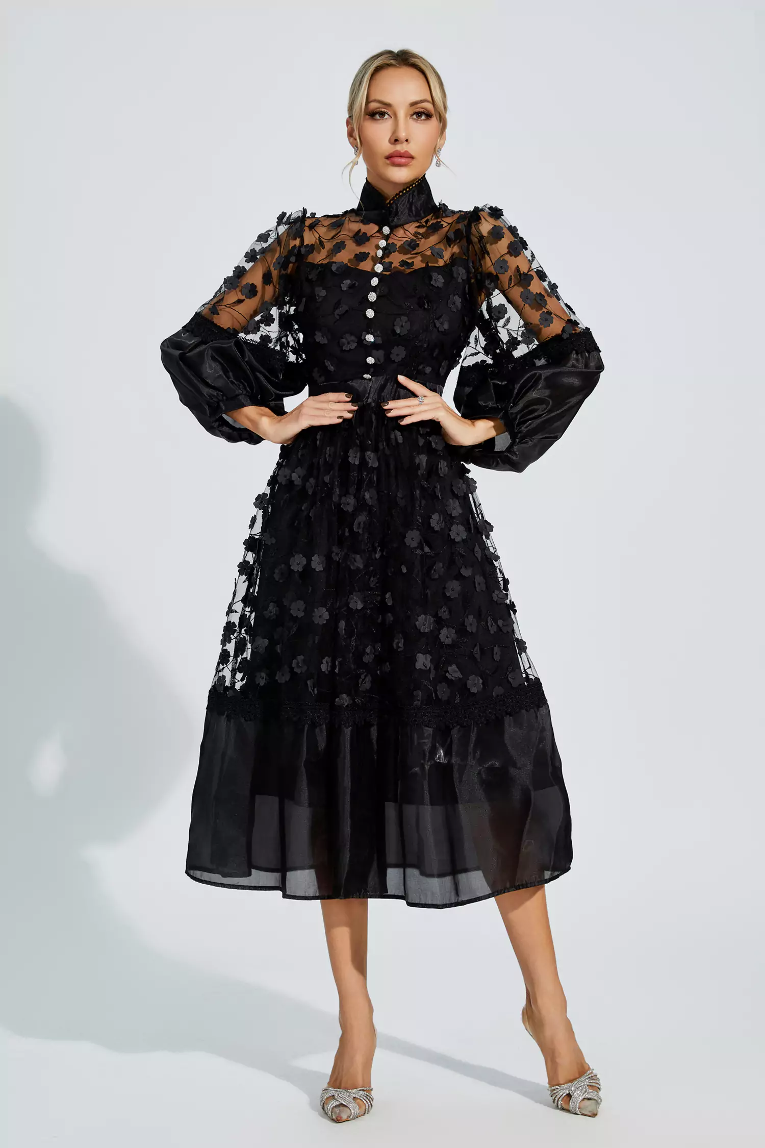 Lillie Black Mesh Flower Midi Dress-CATCHALL