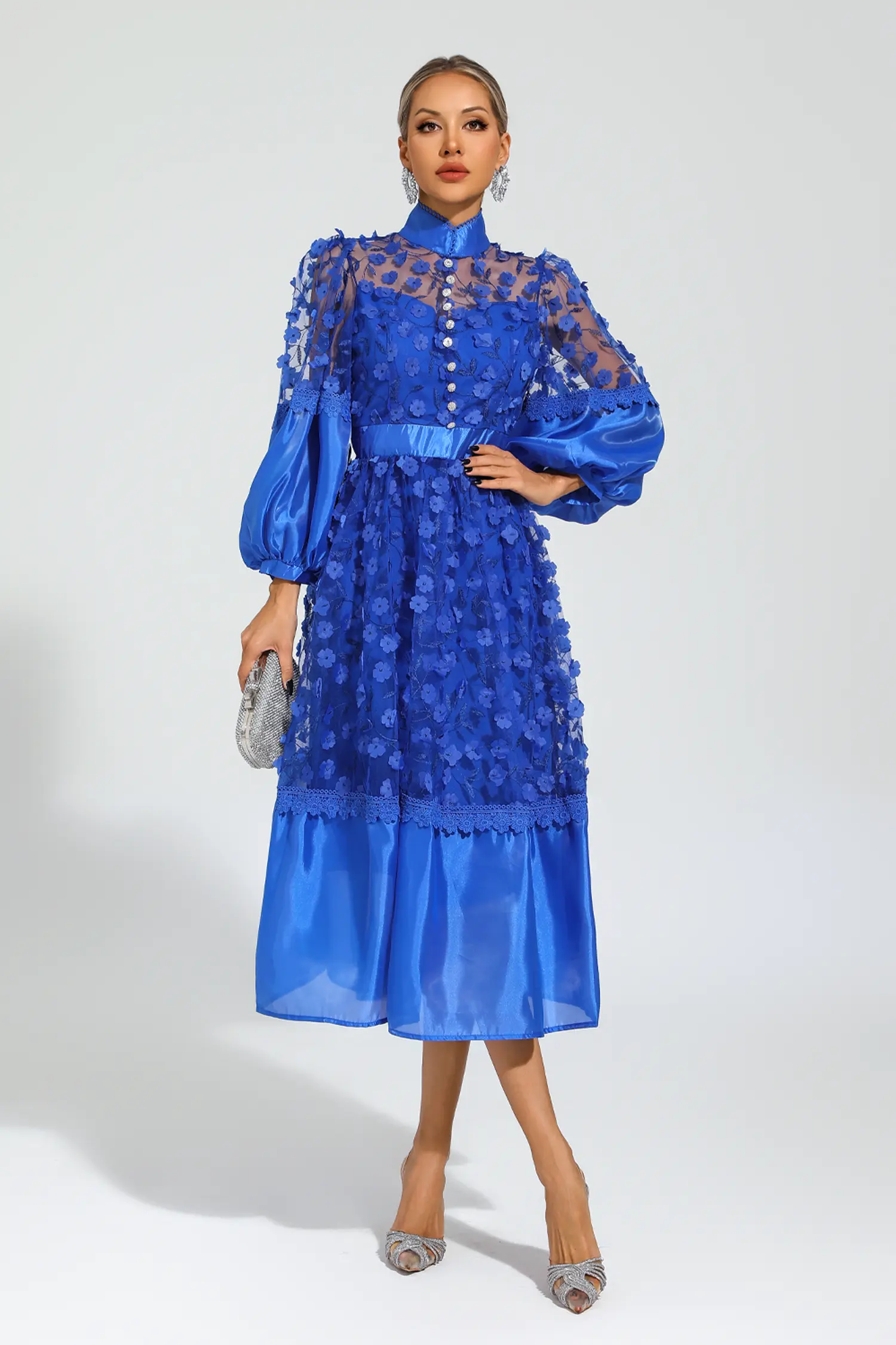 Lillie Blue Mesh Flower Midi Dress-CATCHALL