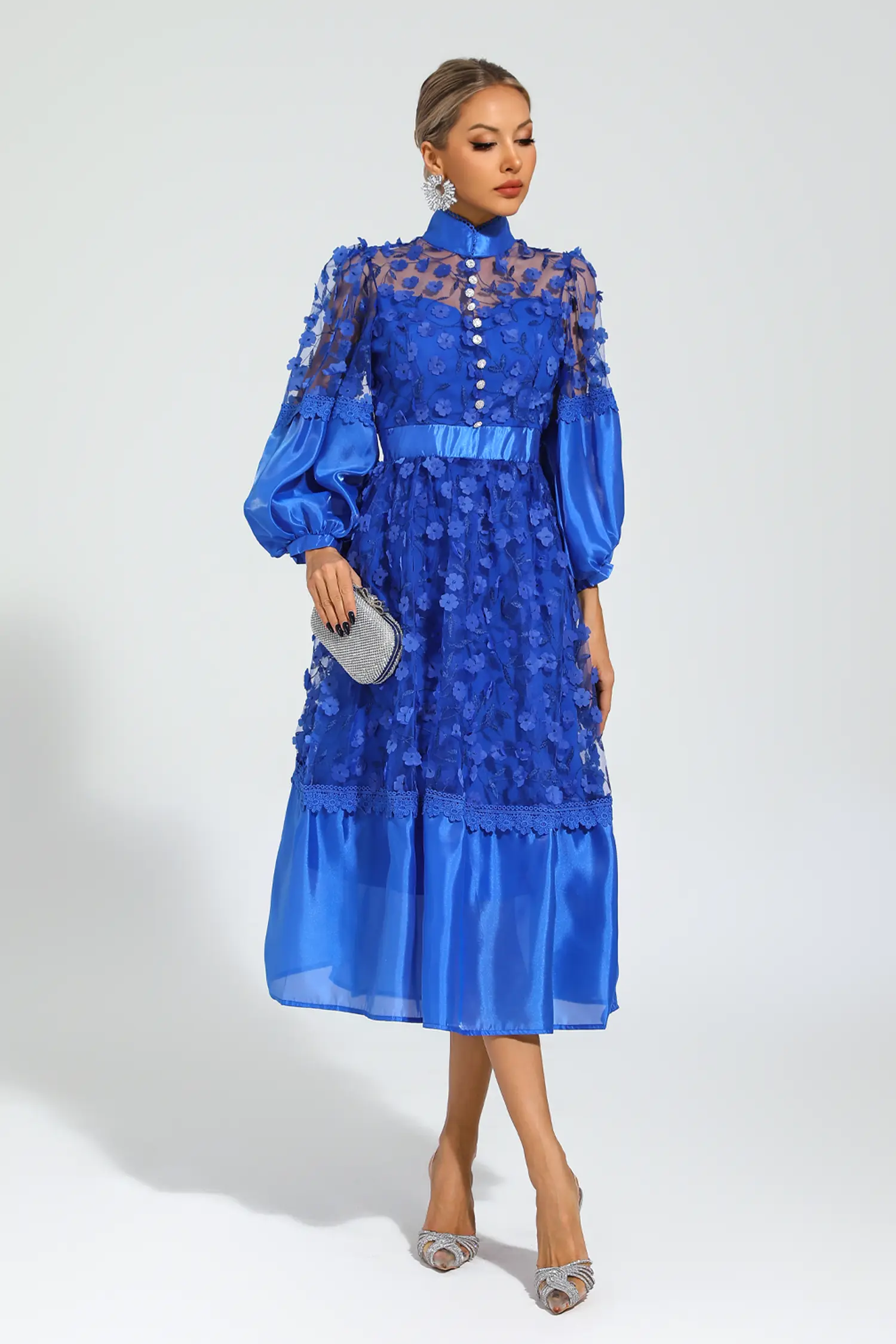 Lillie Blue Mesh Flower Midi Dress-CATCHALL