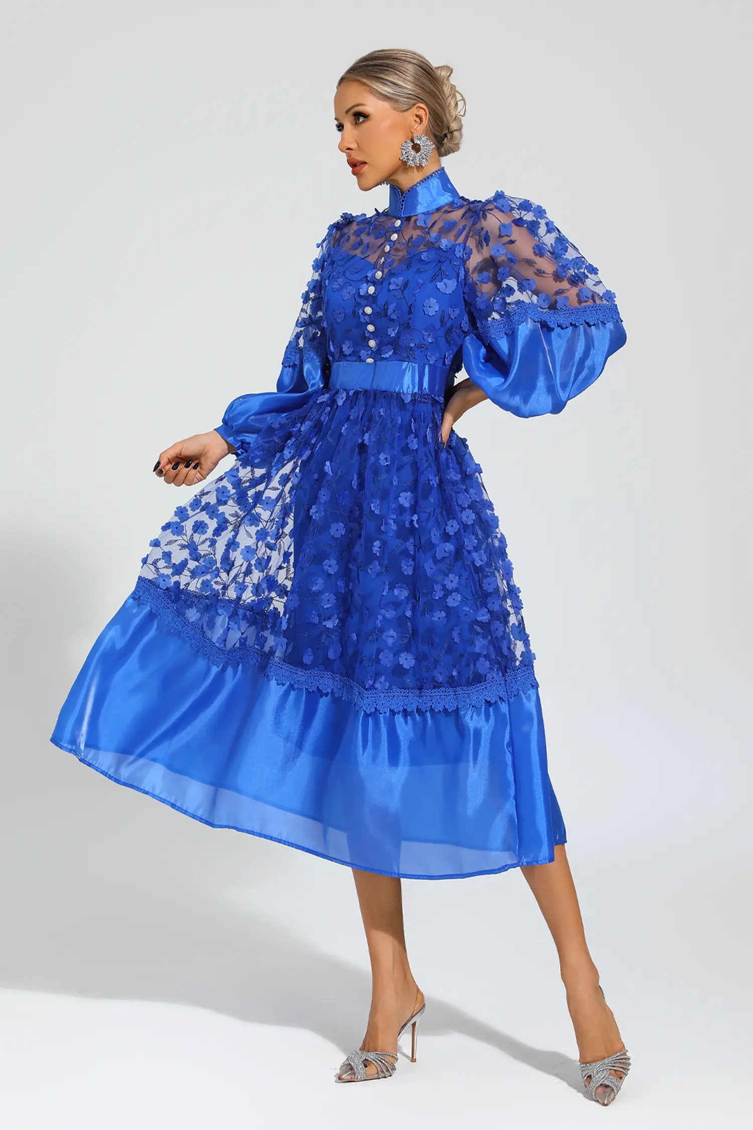 Lillie Blue Mesh Flower Midi Dress-CATCHALL