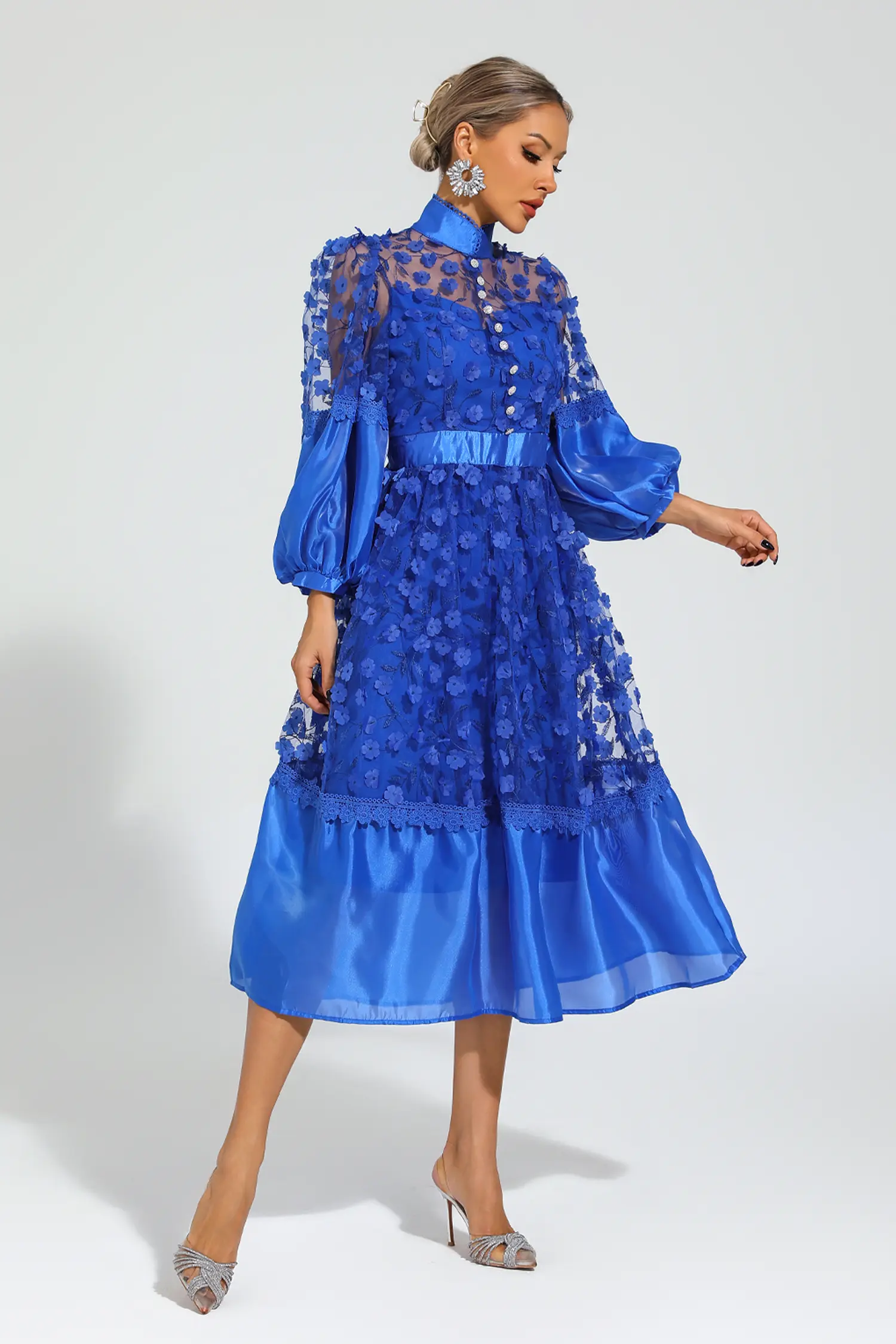 Lillie Blue Mesh Flower Midi Dress-CATCHALL