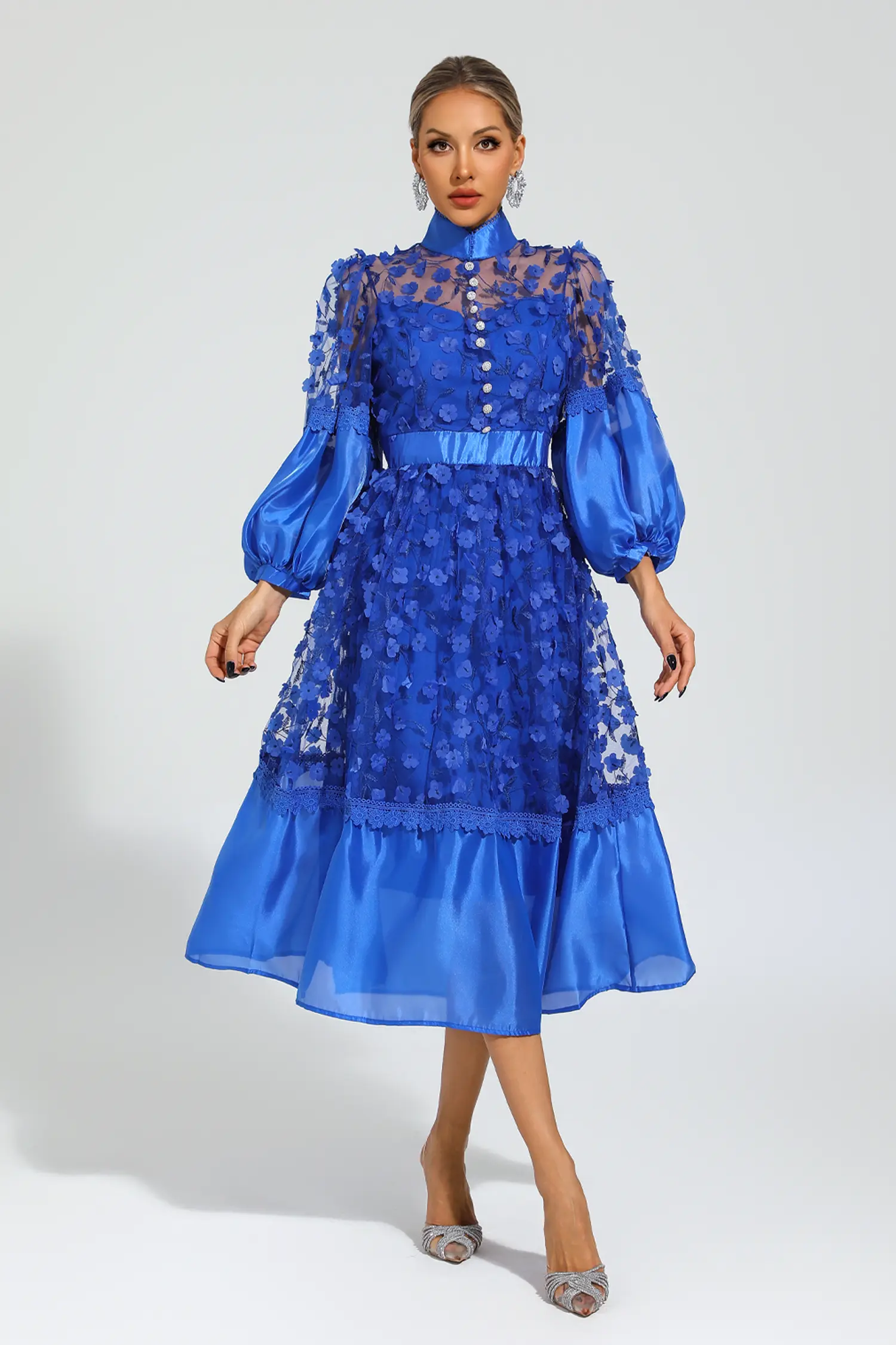 Lillie Blue Mesh Flower Midi Dress-CATCHALL