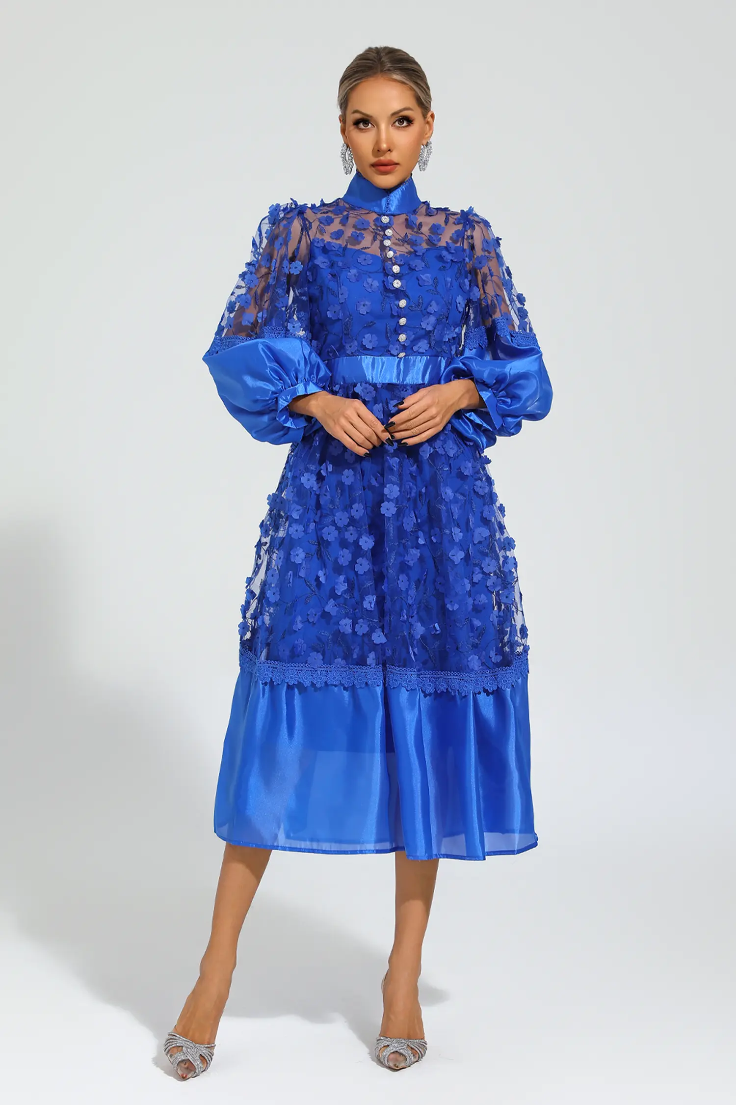 Lillie Blue Mesh Flower Midi Dress-CATCHALL