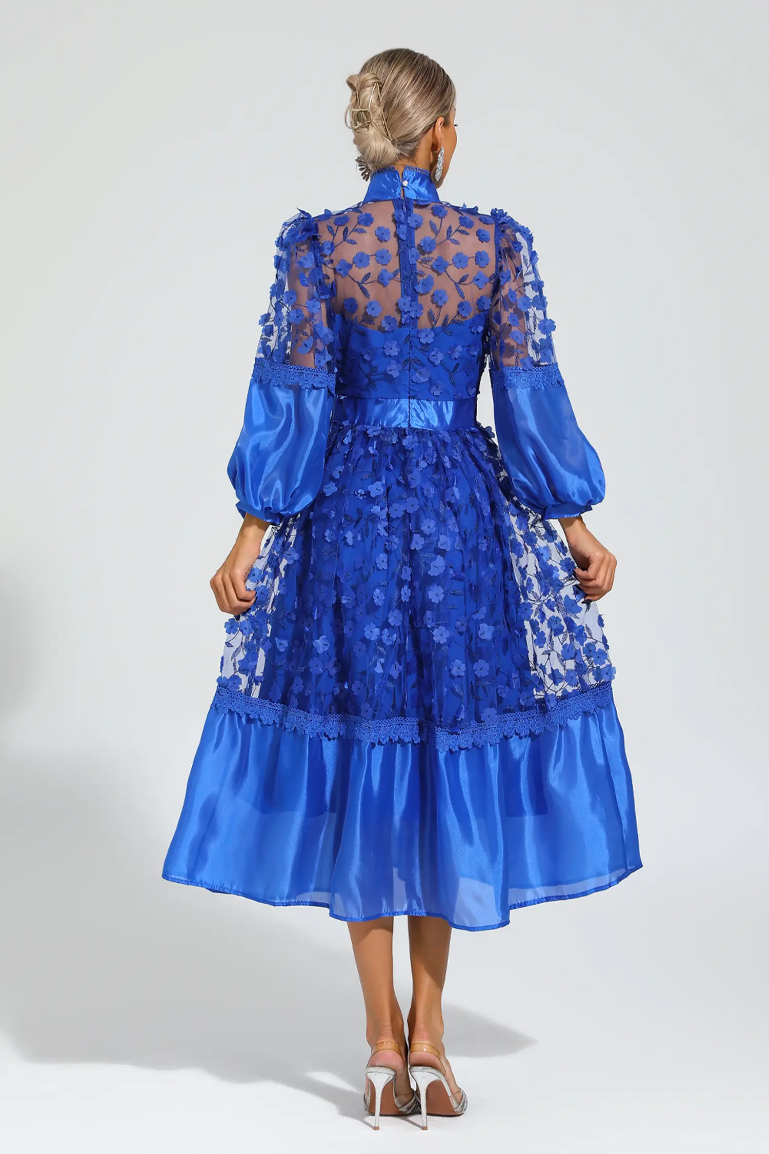 Lillie Blue Mesh Flower Midi Dress-CATCHALL