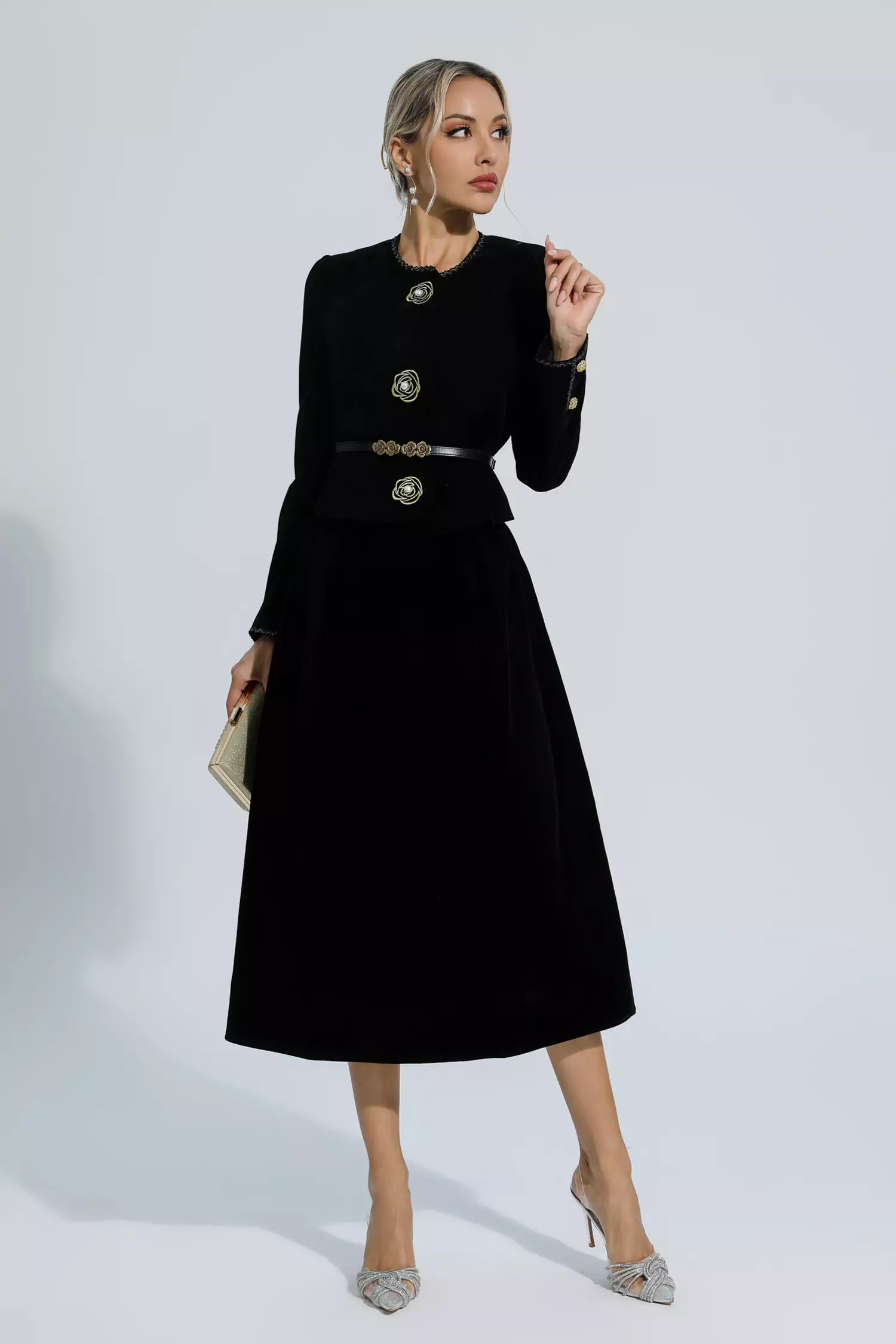 Lina  Black Woolen Floral Blazer Set-CATCHALL