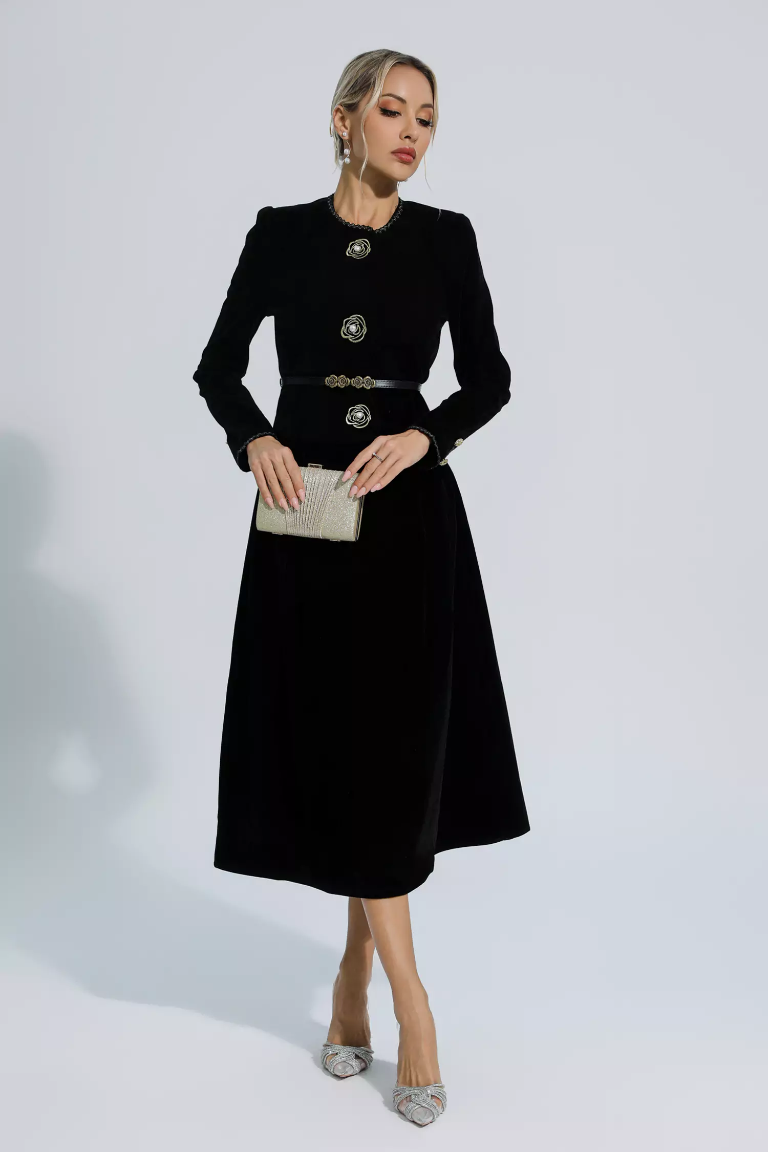 Lina  Black Woolen Floral Blazer Set-CATCHALL