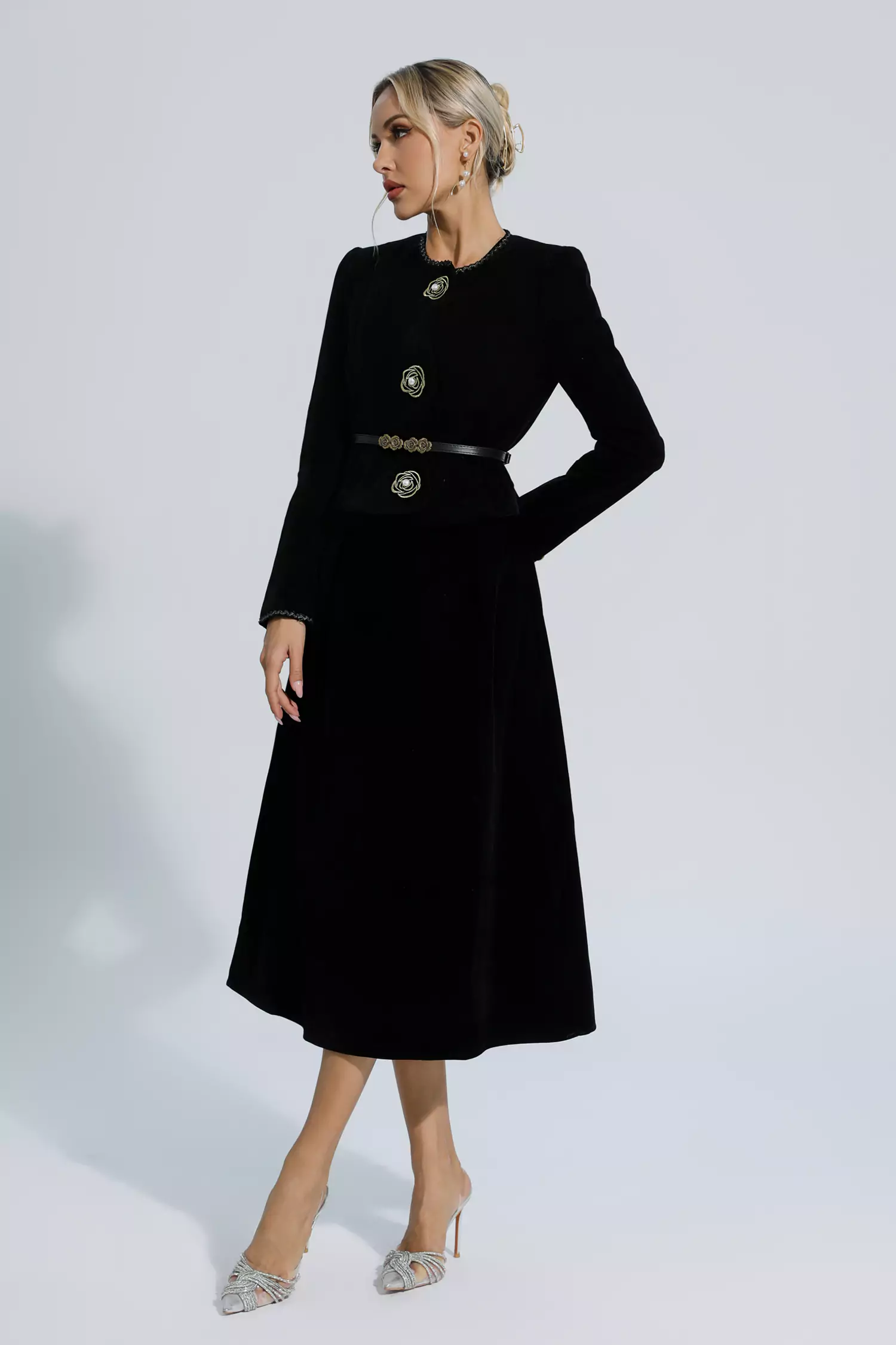 Lina  Black Woolen Floral Blazer Set-CATCHALL