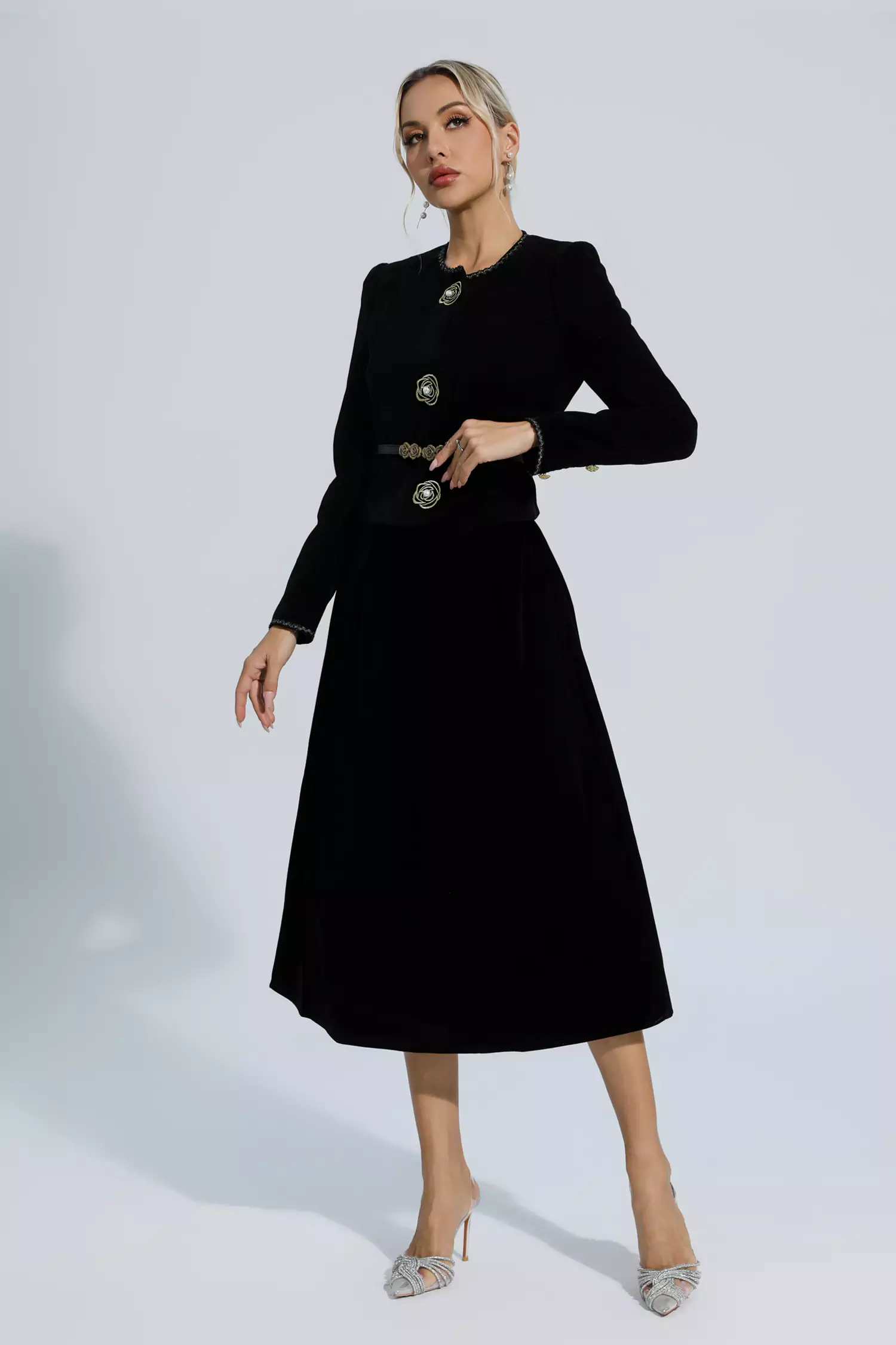 Lina  Black Woolen Floral Blazer Set-CATCHALL