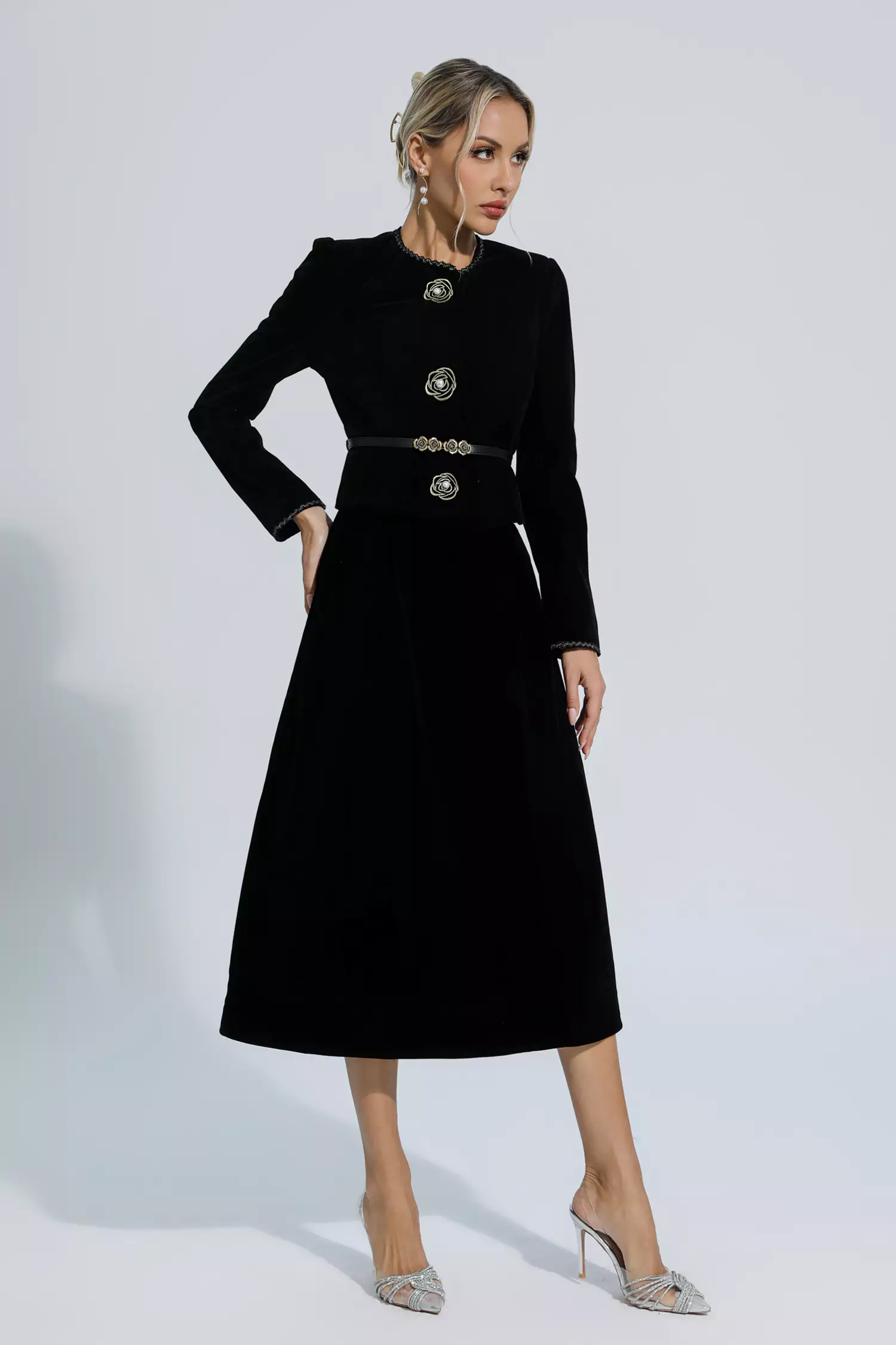 Lina  Black Woolen Floral Blazer Set-CATCHALL