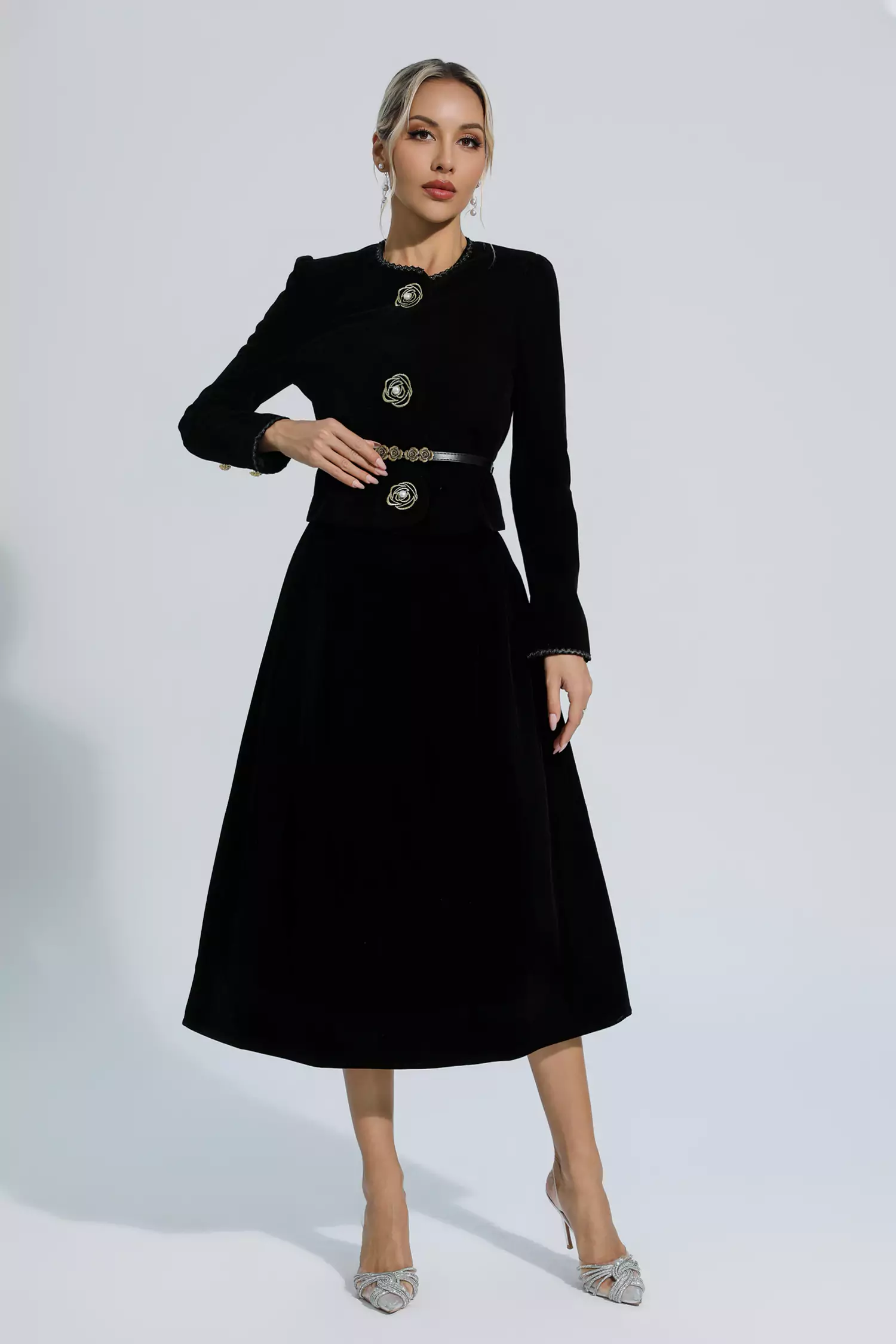 Lina  Black Woolen Floral Blazer Set-CATCHALL