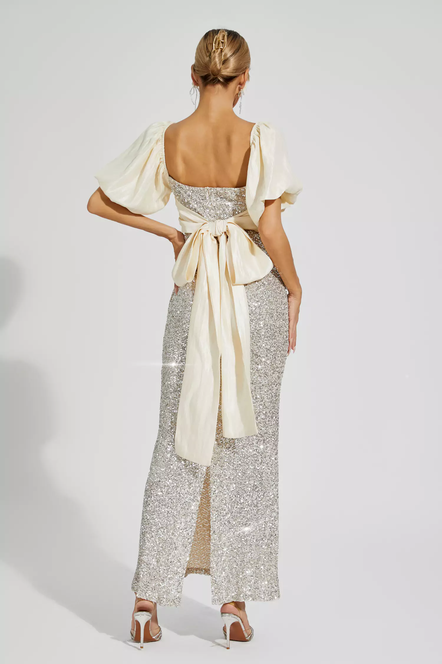Linda Apricot Bow Sequins Maxi Dress-CATCHALL