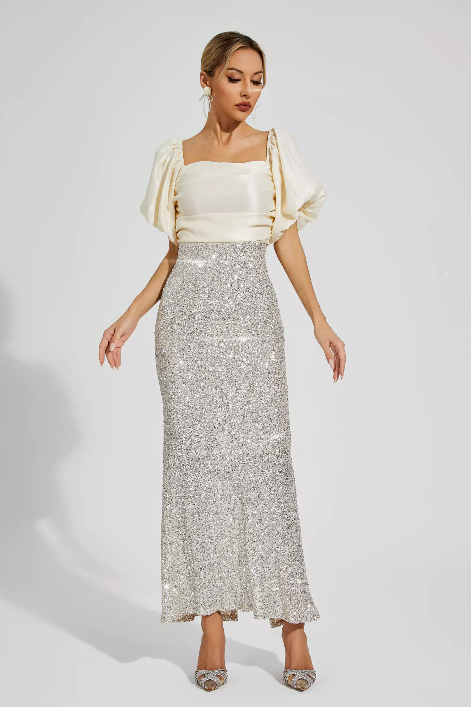 Linda Apricot Bow Sequins Maxi Dress-CATCHALL