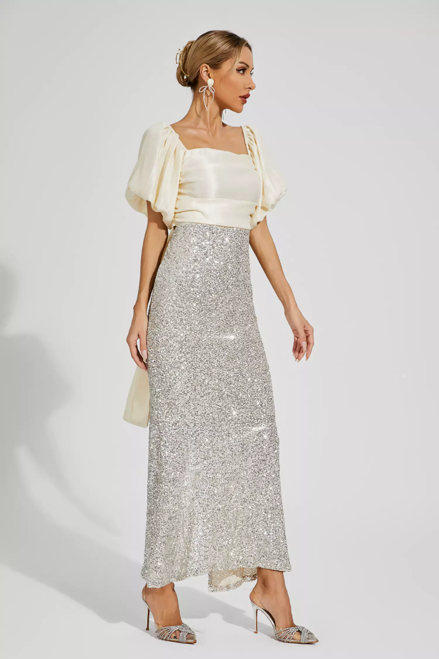 Linda Apricot Bow Sequins Maxi Dress-CATCHALL