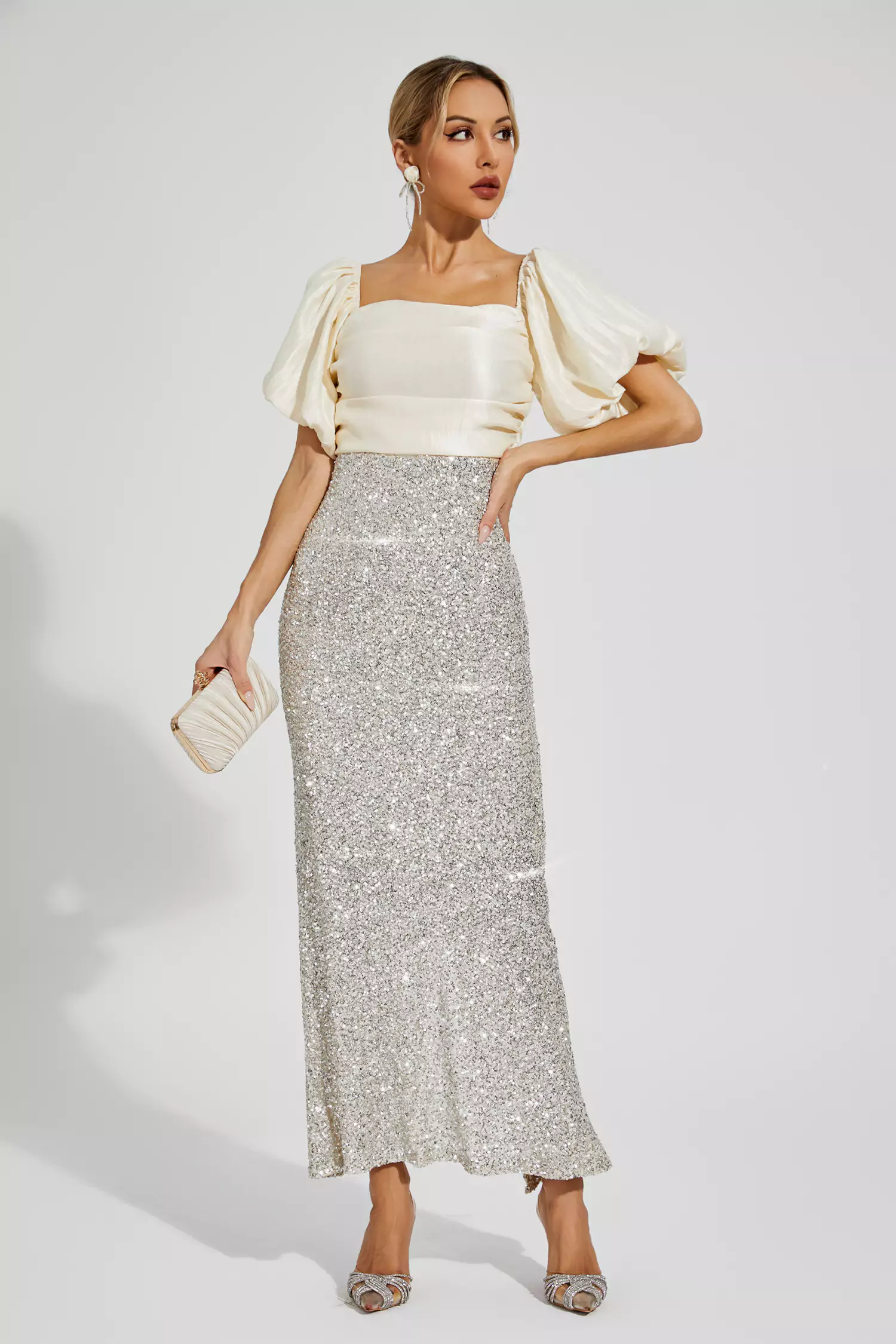 Linda Apricot Bow Sequins Maxi Dress-CATCHALL