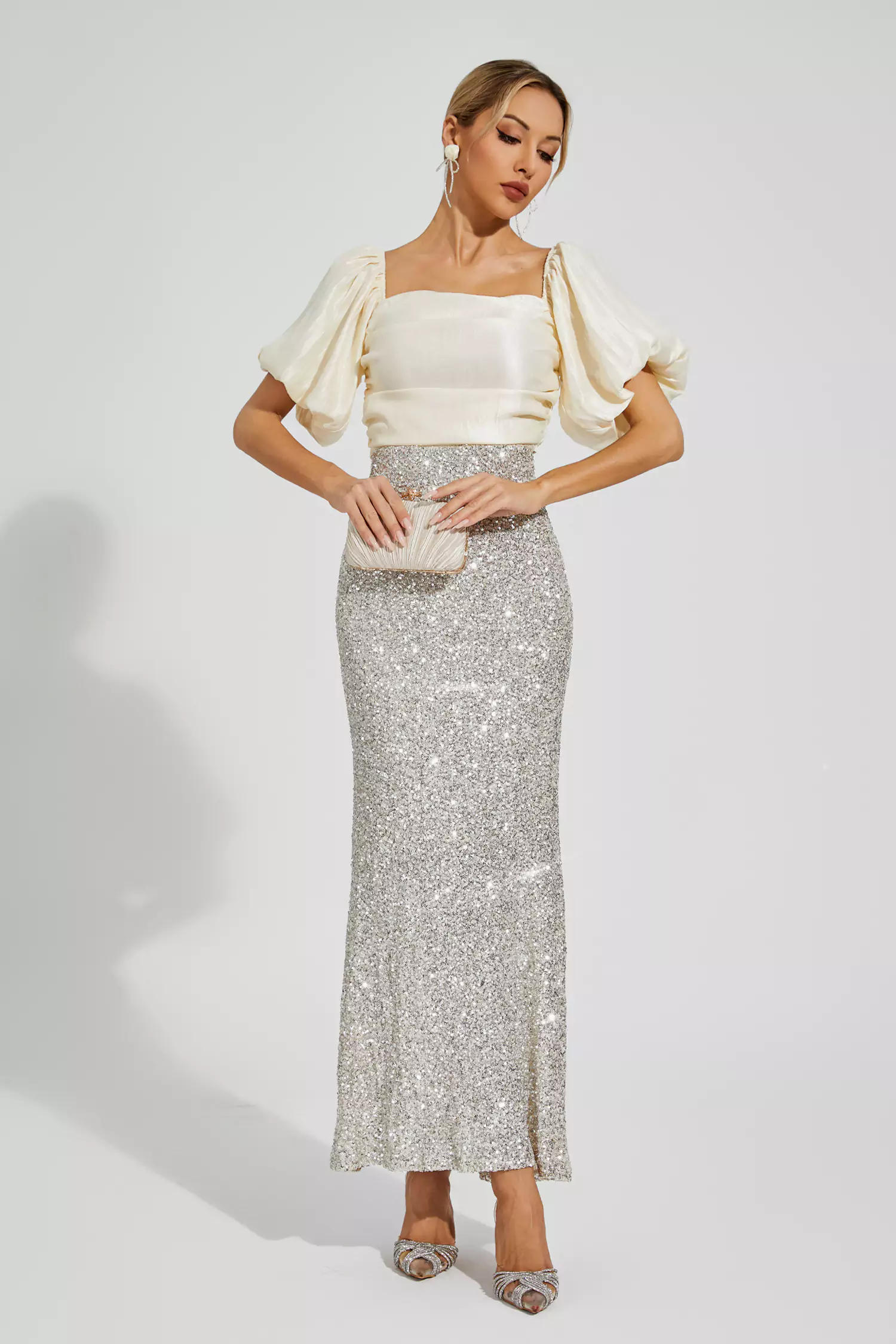 Linda Apricot Bow Sequins Maxi Dress-CATCHALL