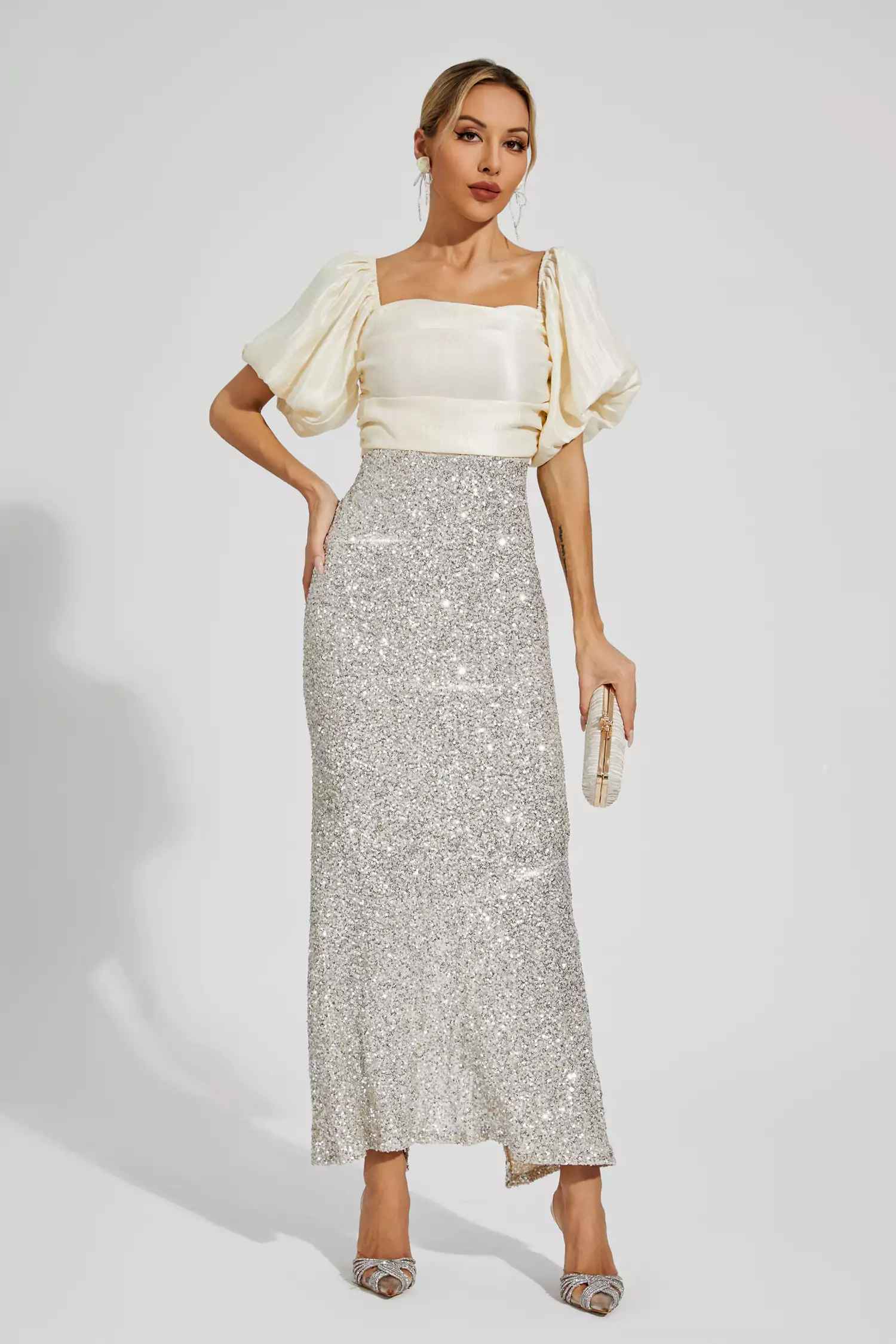 Linda Apricot Bow Sequins Maxi Dress-CATCHALL