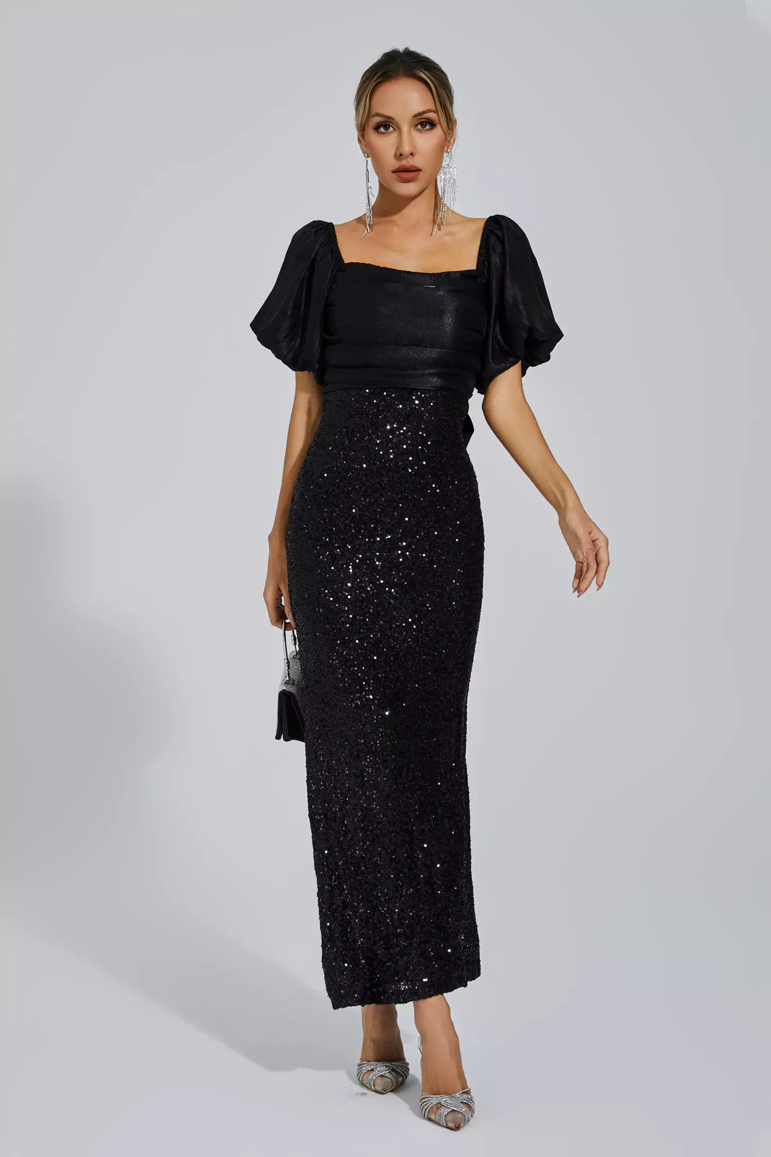 Linda Black Bow Sequins Maxi Dress-CATCHALL