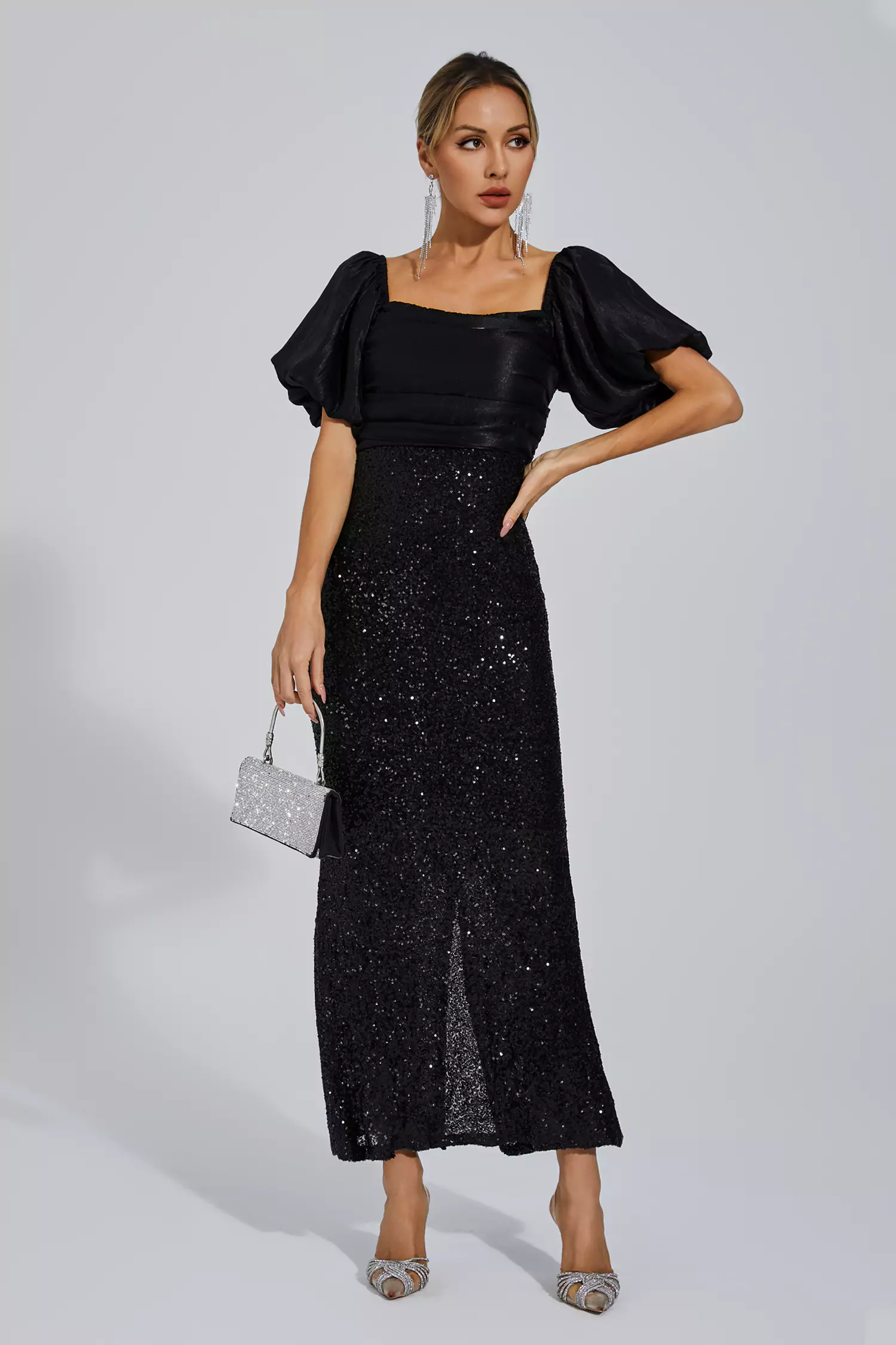 Linda Black Bow Sequins Maxi Dress-CATCHALL
