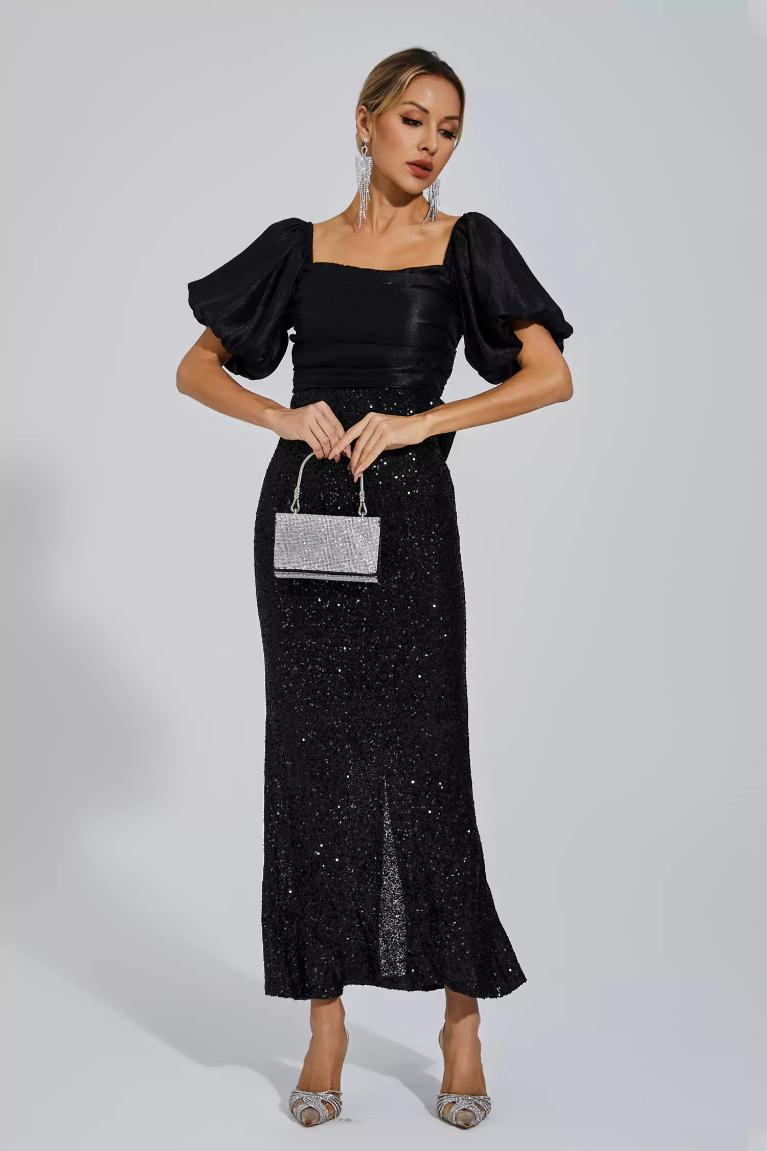 Linda Black Bow Sequins Maxi Dress-CATCHALL