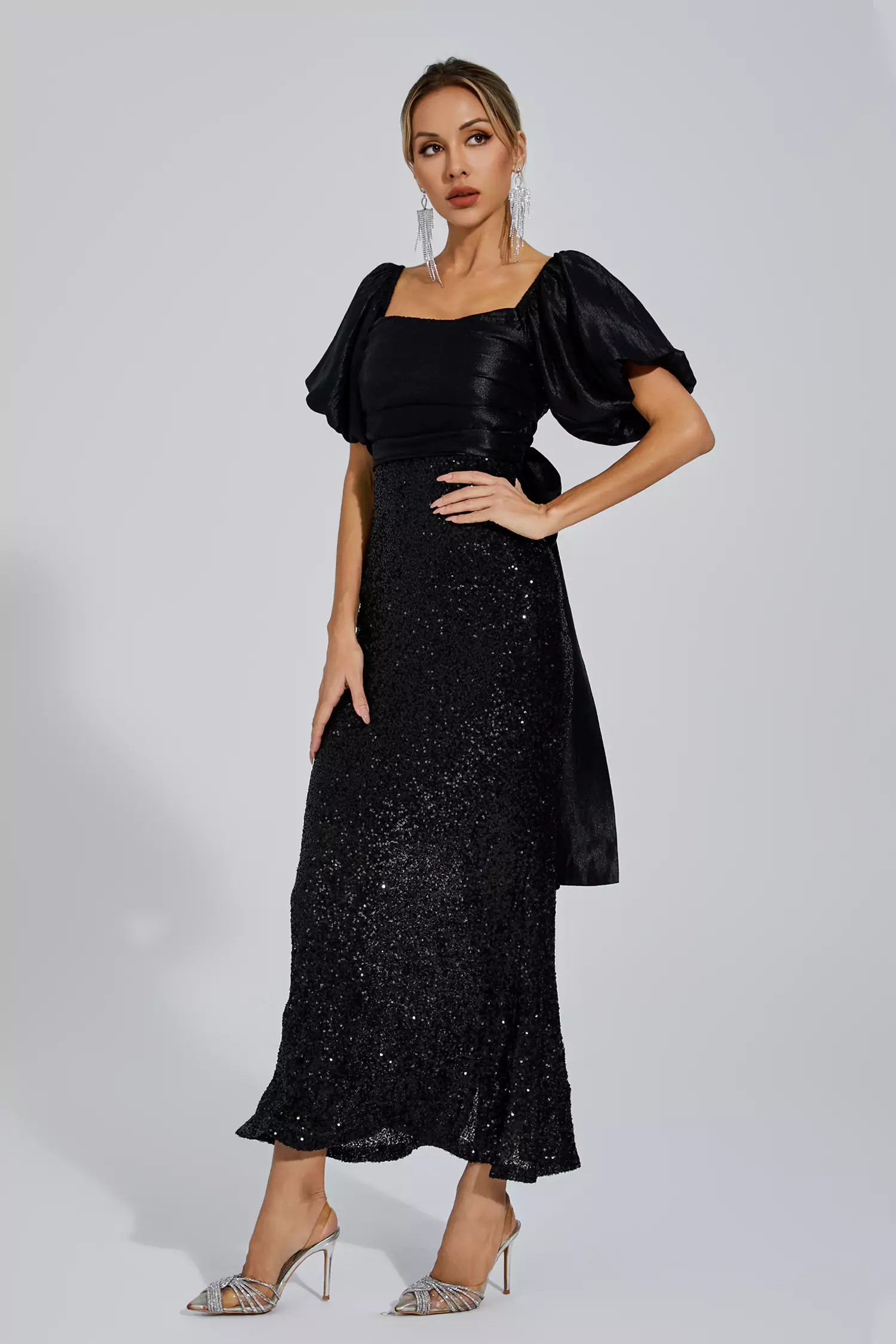 Linda Black Bow Sequins Maxi Dress-CATCHALL