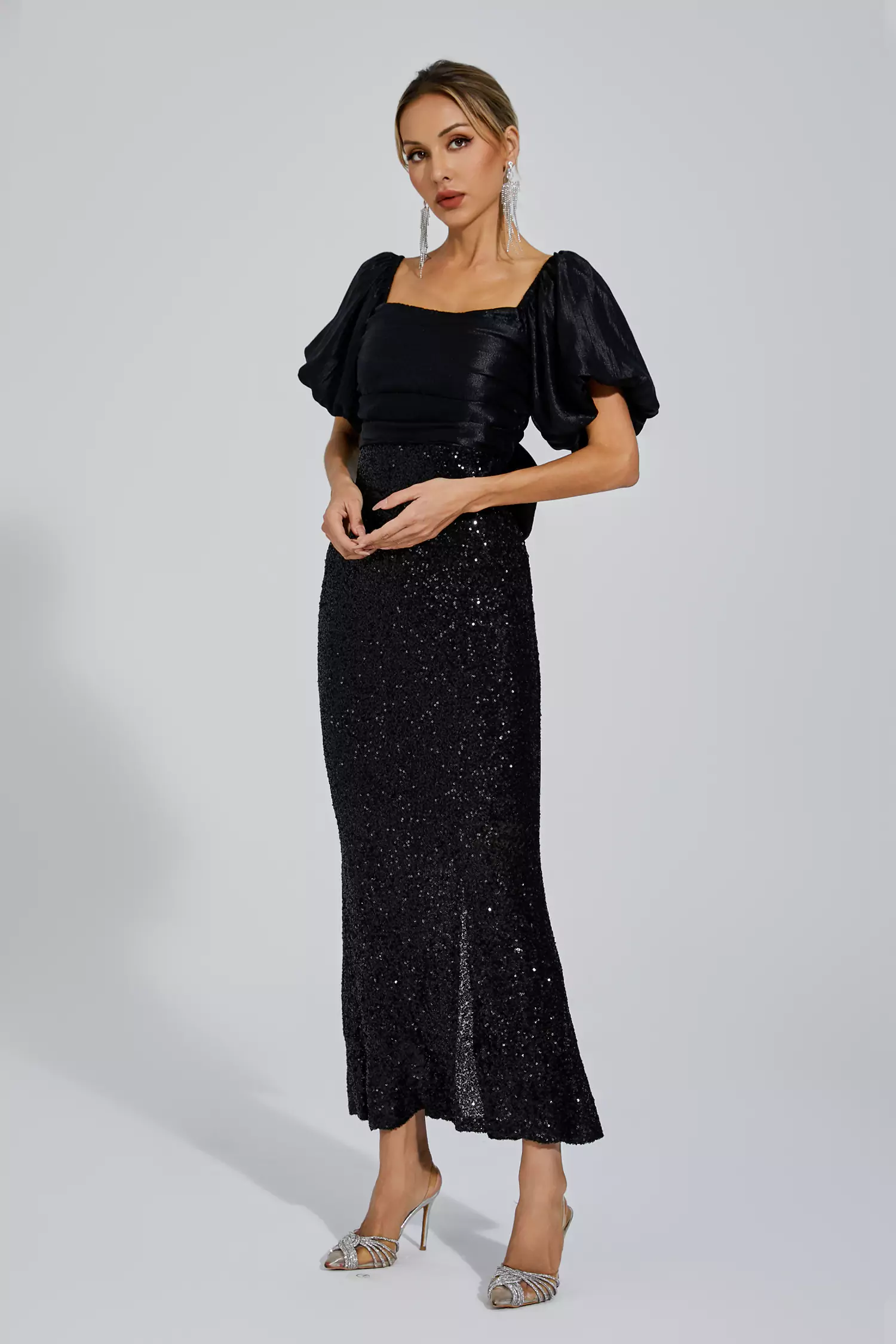 Linda Black Bow Sequins Maxi Dress-CATCHALL