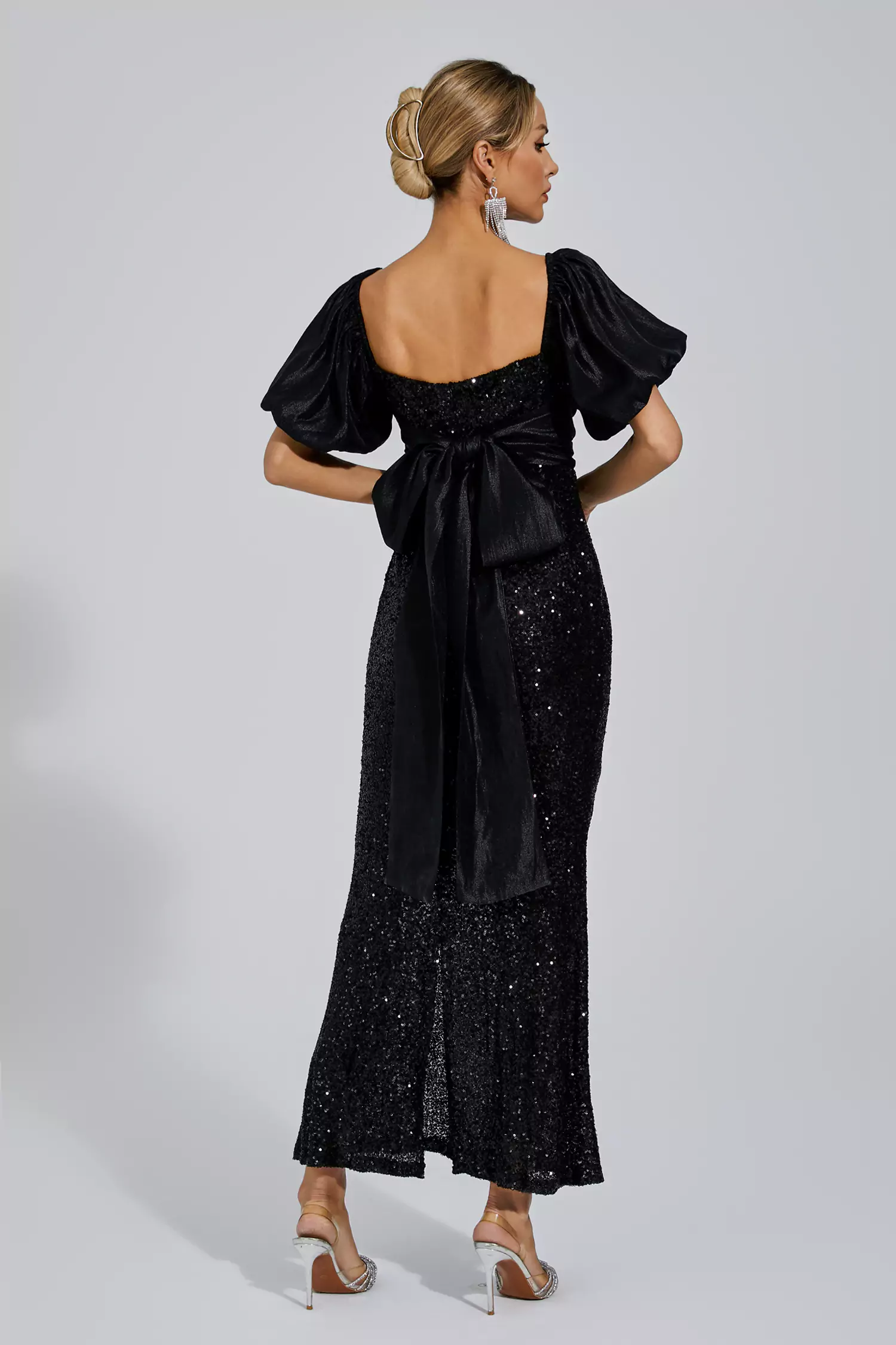 Linda Black Bow Sequins Maxi Dress-CATCHALL