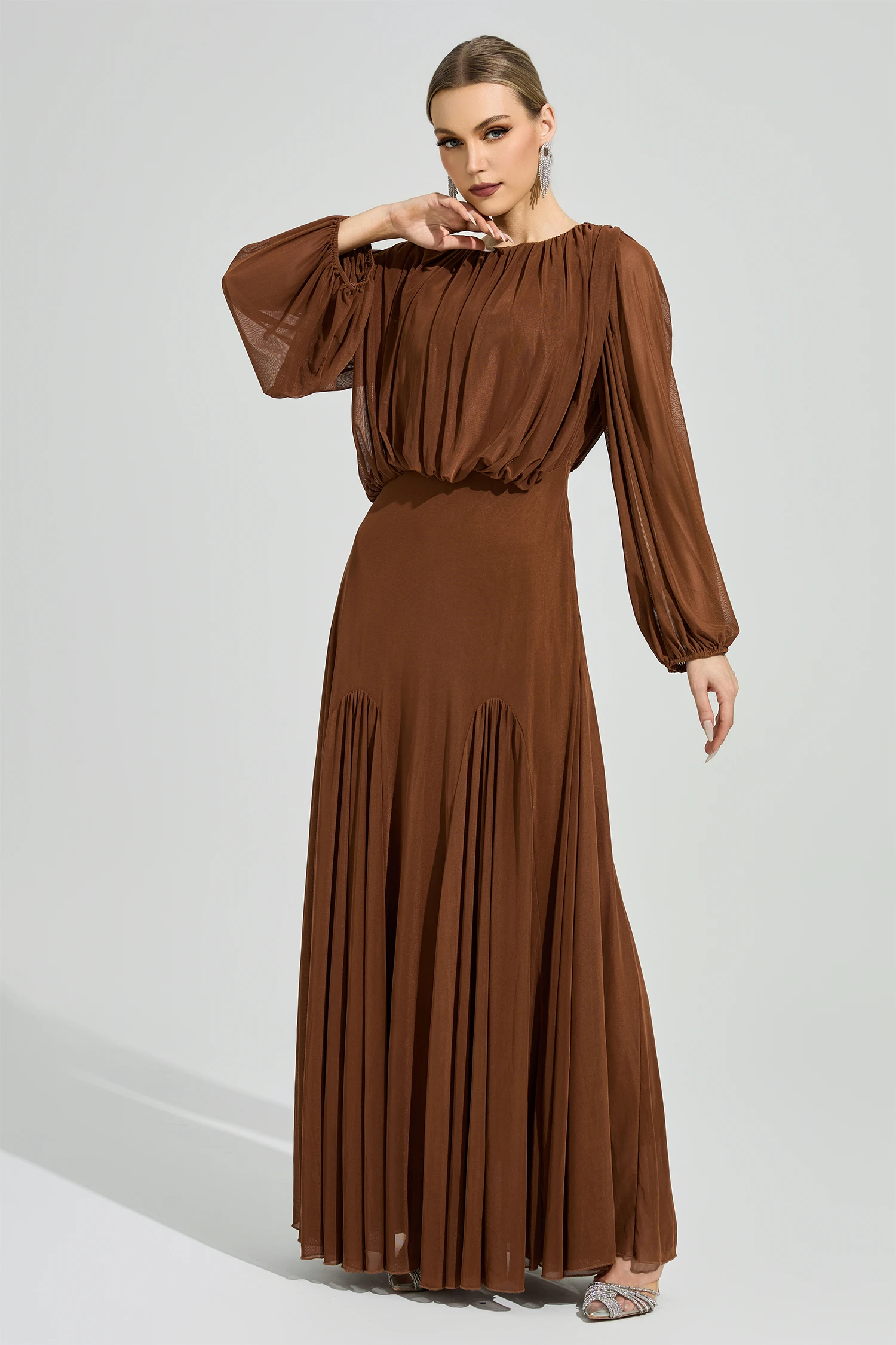 Linnea Brown Pleated Maxi Dress