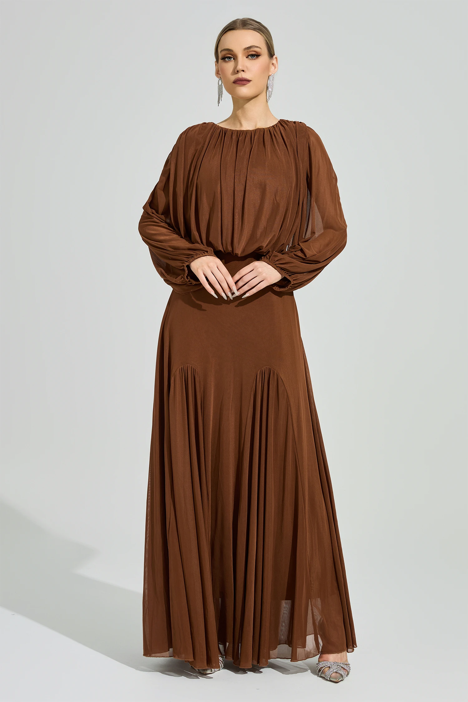 Linnea Brown Pleated Maxi Dress