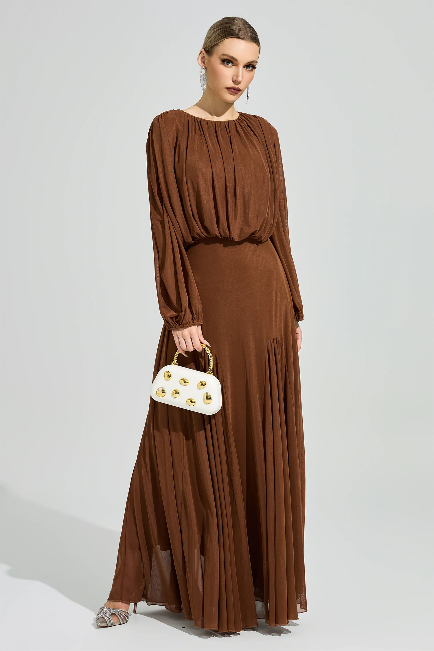 Linnea Brown Pleated Maxi Dress