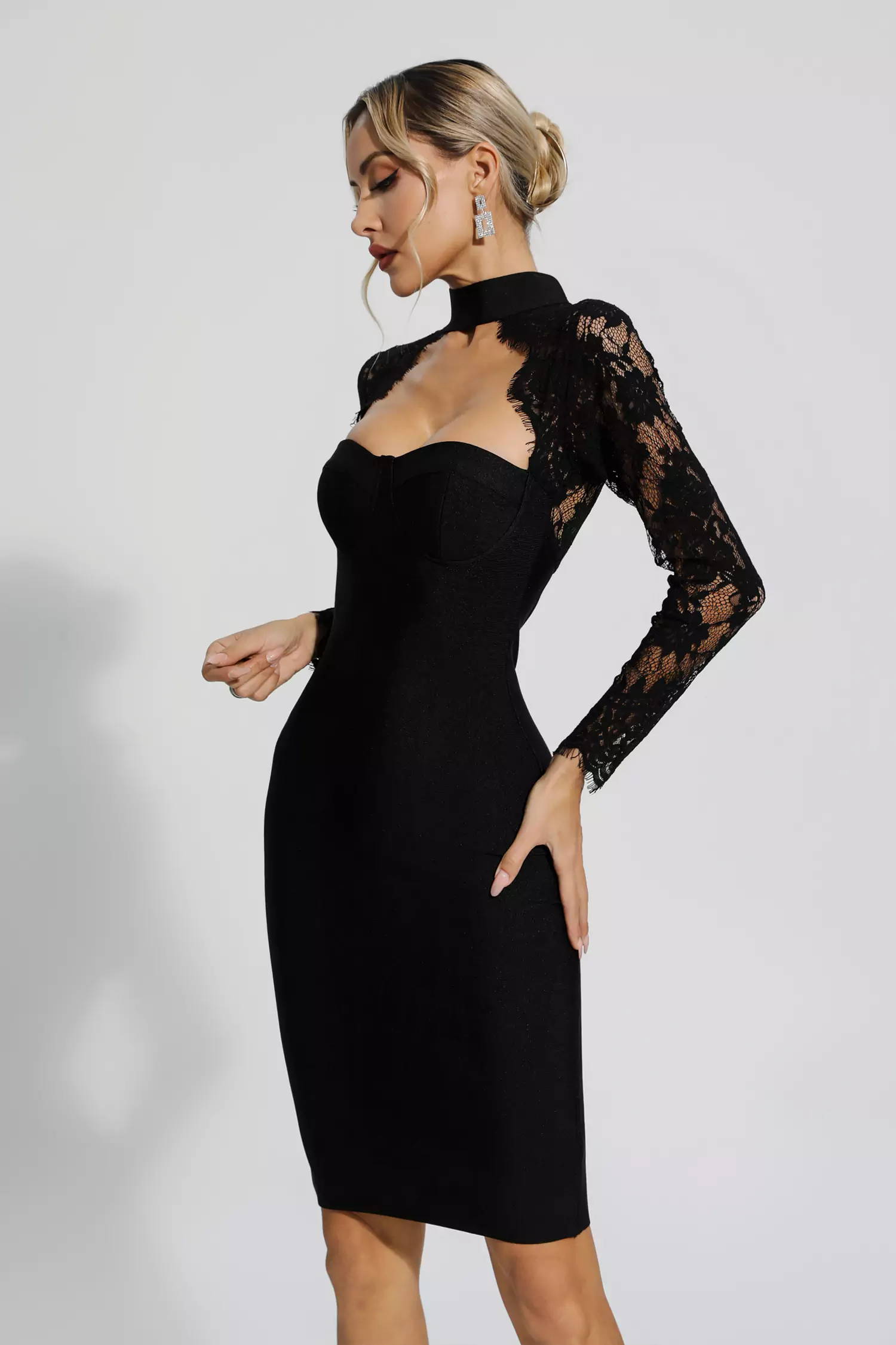 Liv Black Lace Sleeve Bandage Dress-CATCHALL