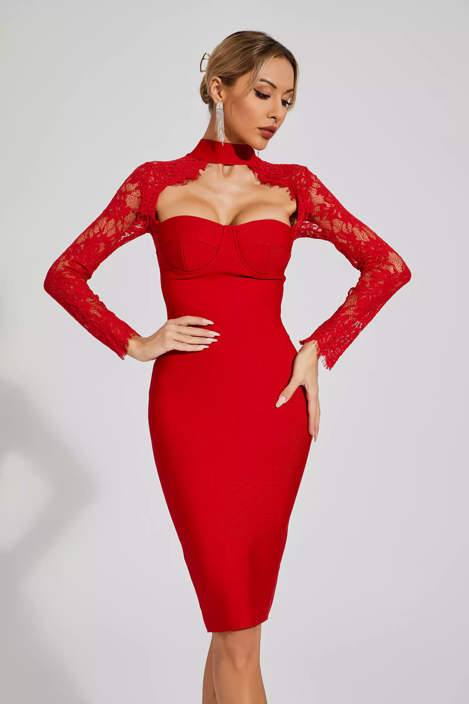 Liv Red Lace Sleeve Bandage Dress-CATCHALL