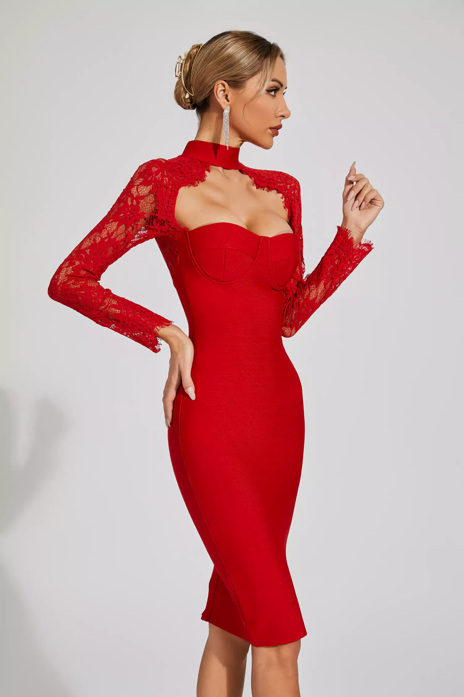 Liv Red Lace Sleeve Bandage Dress-CATCHALL
