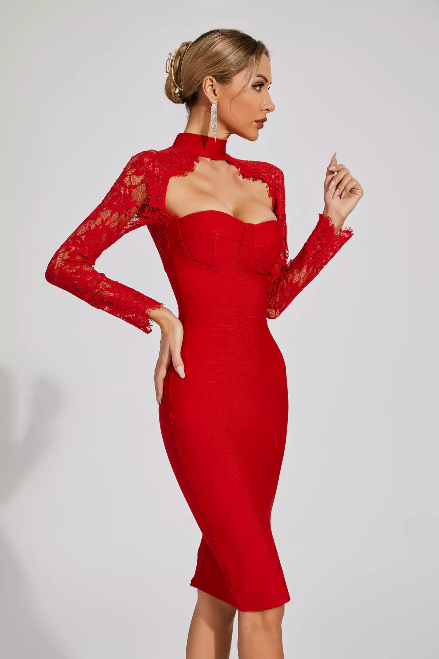 Liv Red Lace Sleeve Bandage Dress