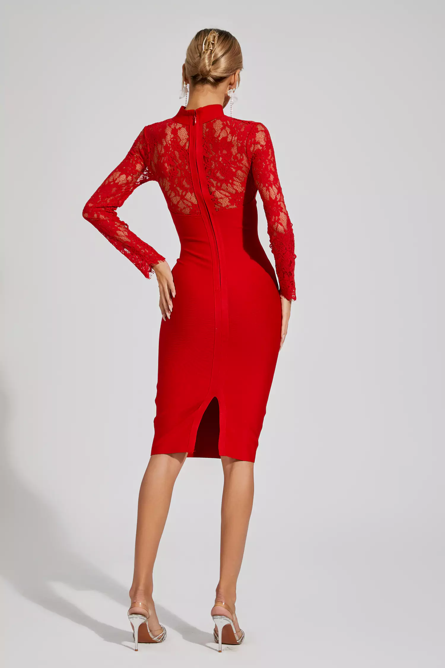 Liv Red Lace Sleeve Bandage Dress-CATCHALL