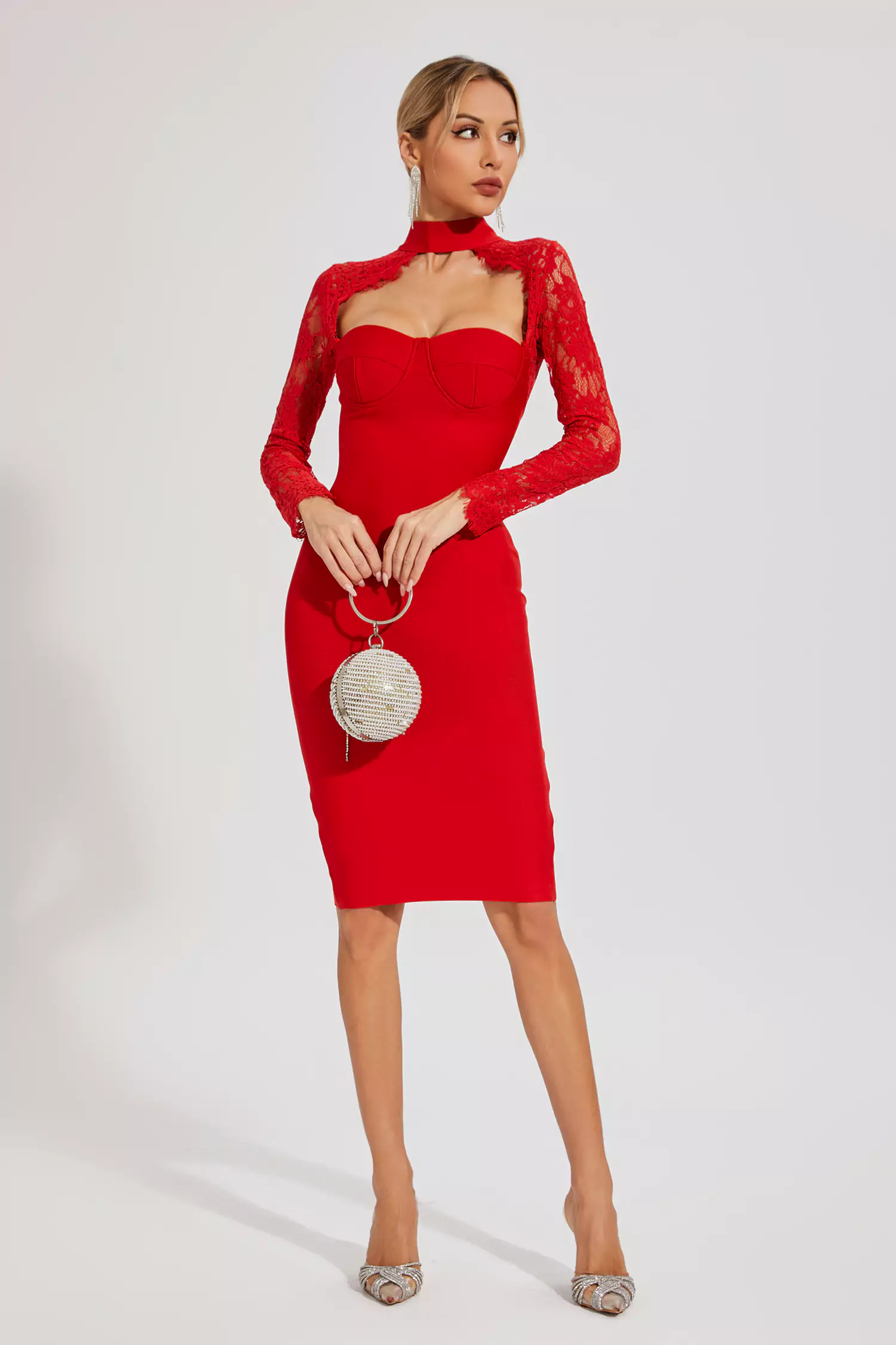 Liv Red Lace Sleeve Bandage Dress-CATCHALL