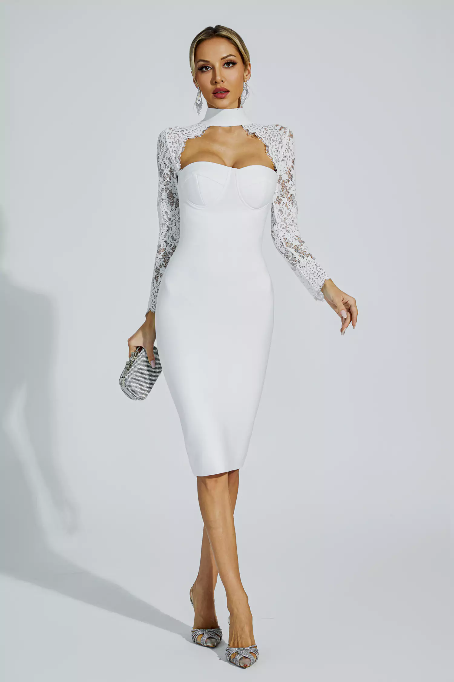 Liv White Lace Sleeve Bandage Dress-CATCHALL
