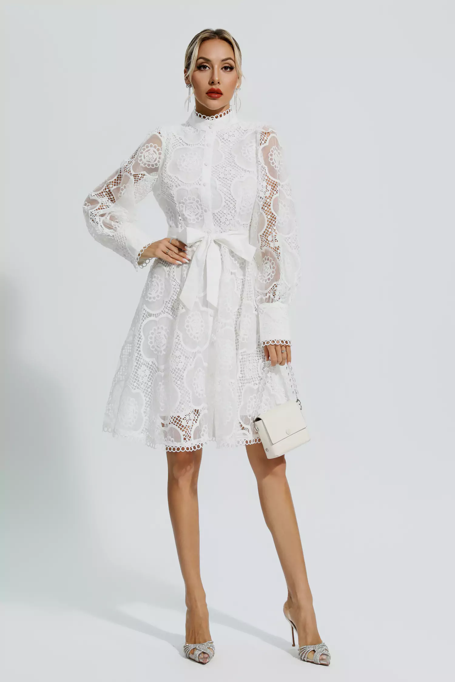 Lorelei White Lace Jacquard Mini Dress-CATCHALL