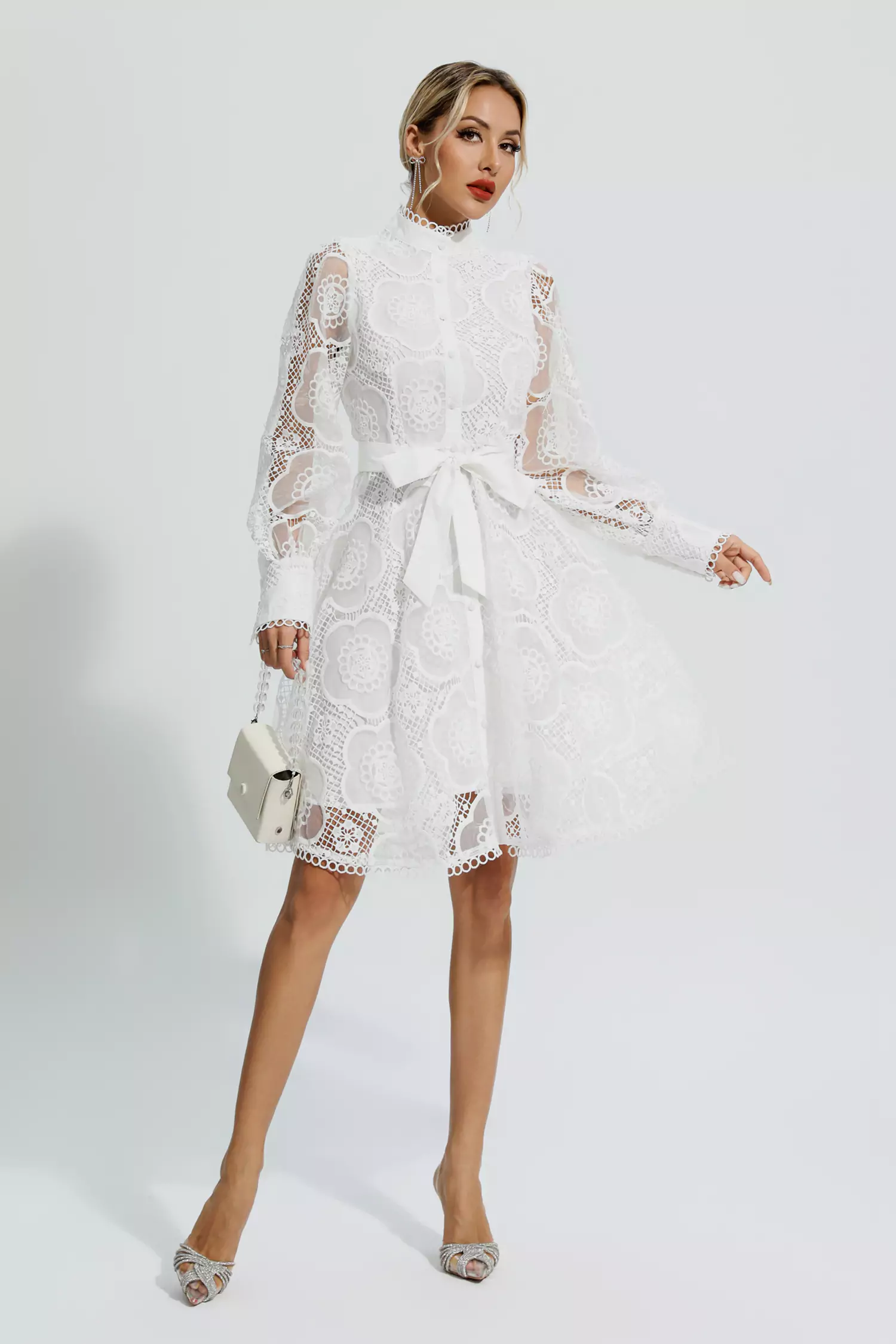 Lorelei White Lace Jacquard Mini Dress-CATCHALL