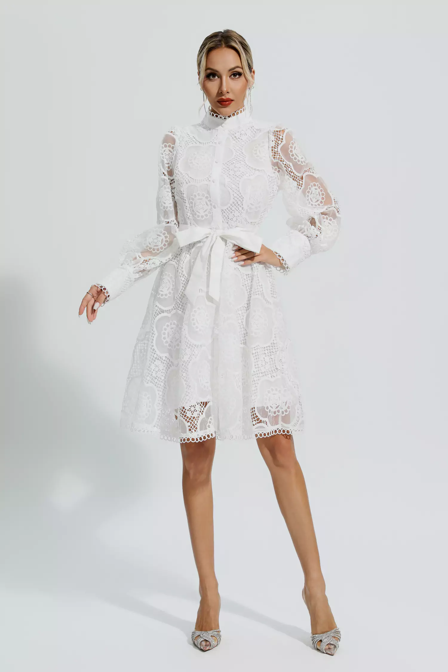 Lorelei White Lace Jacquard Mini Dress-CATCHALL