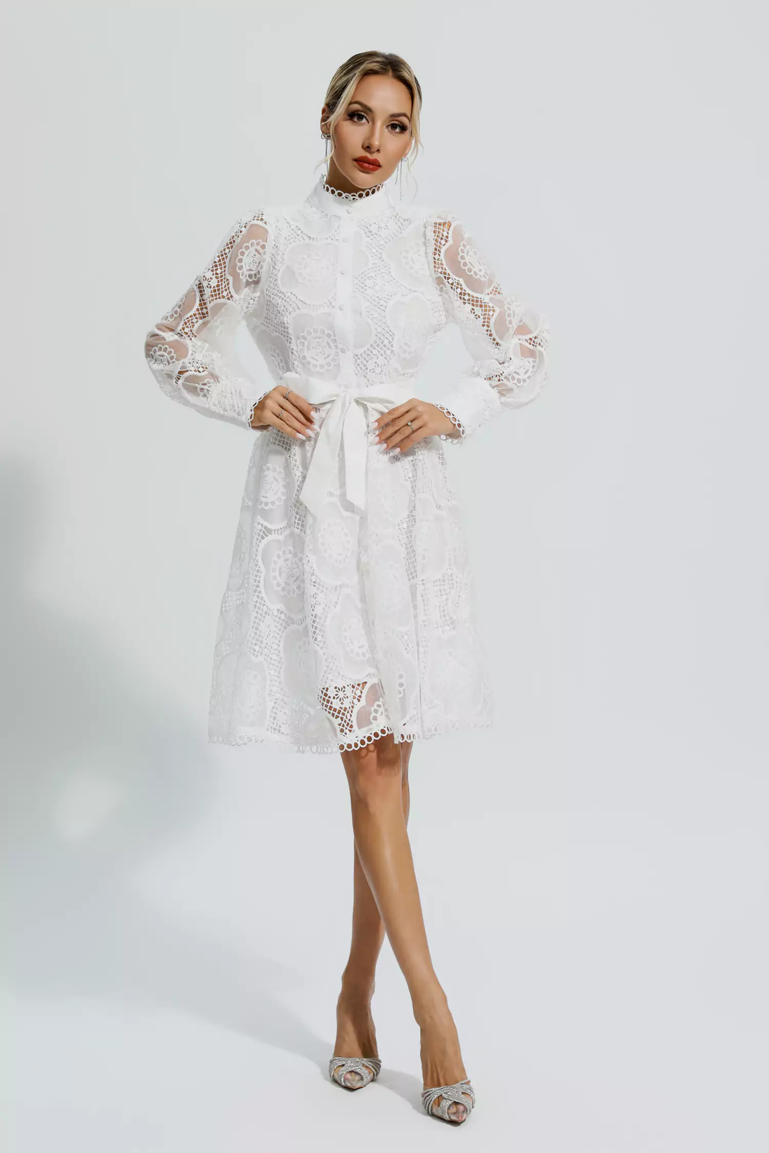 Lorelei White Lace Jacquard Mini Dress-CATCHALL