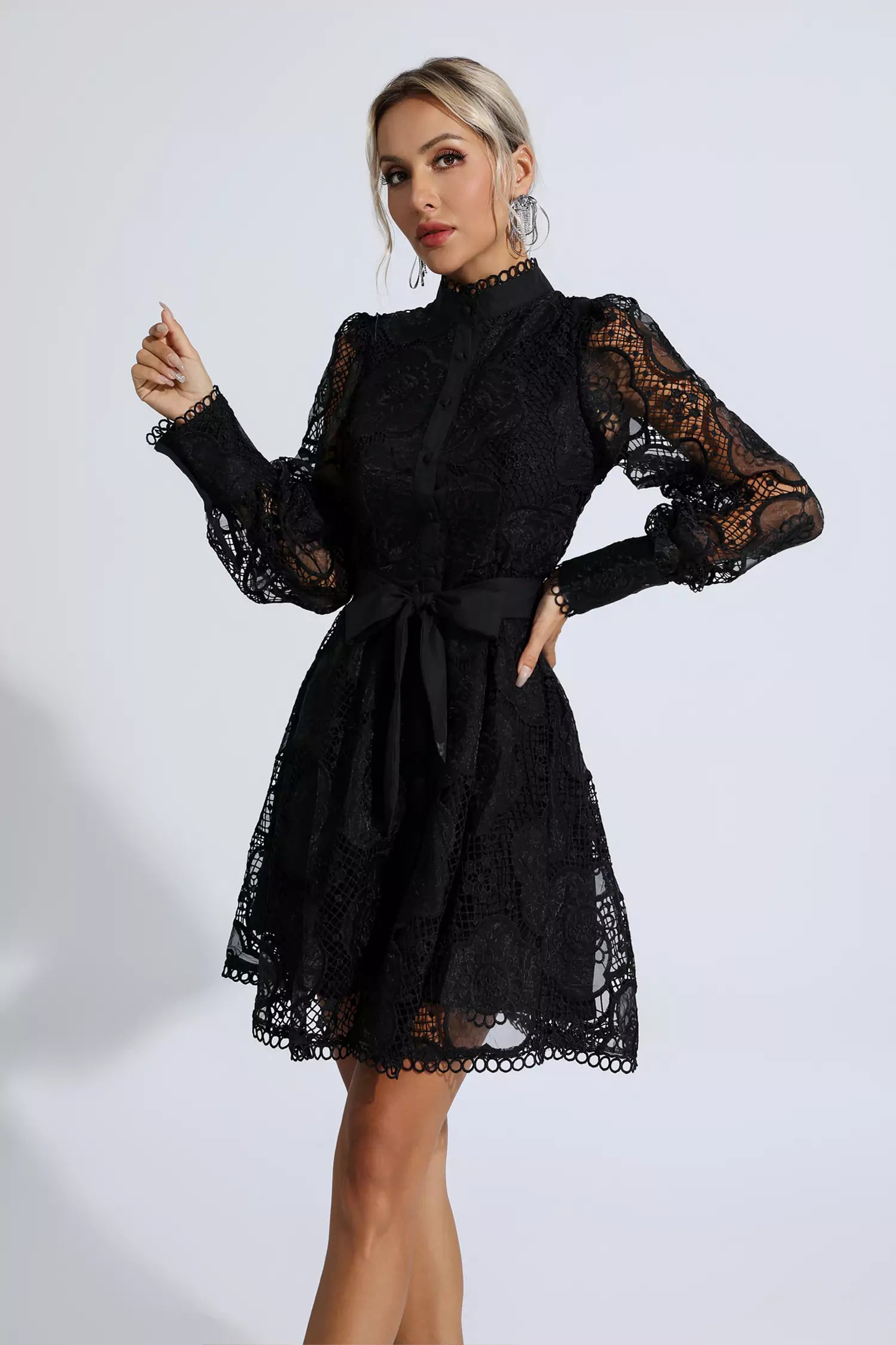 Lorelei Black Lace Jacquard Mini Dress-CATCHALL