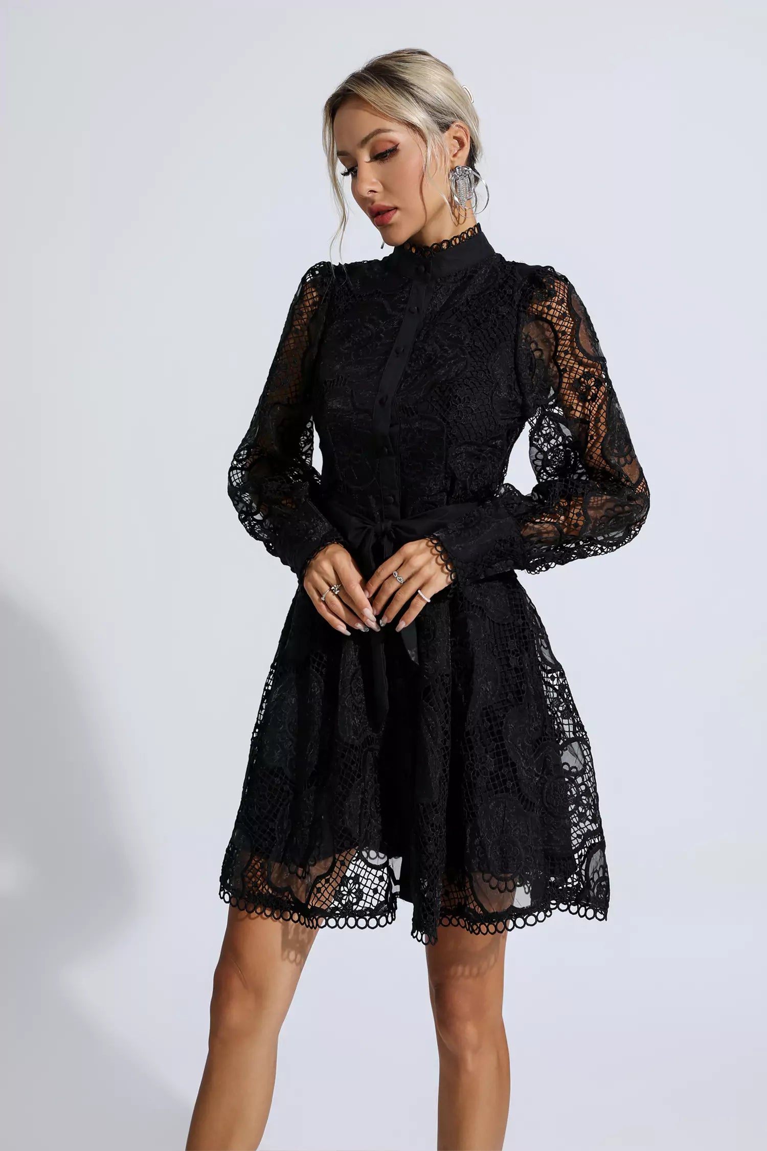 Lorelei Black Lace Jacquard Mini Dress-CATCHALL