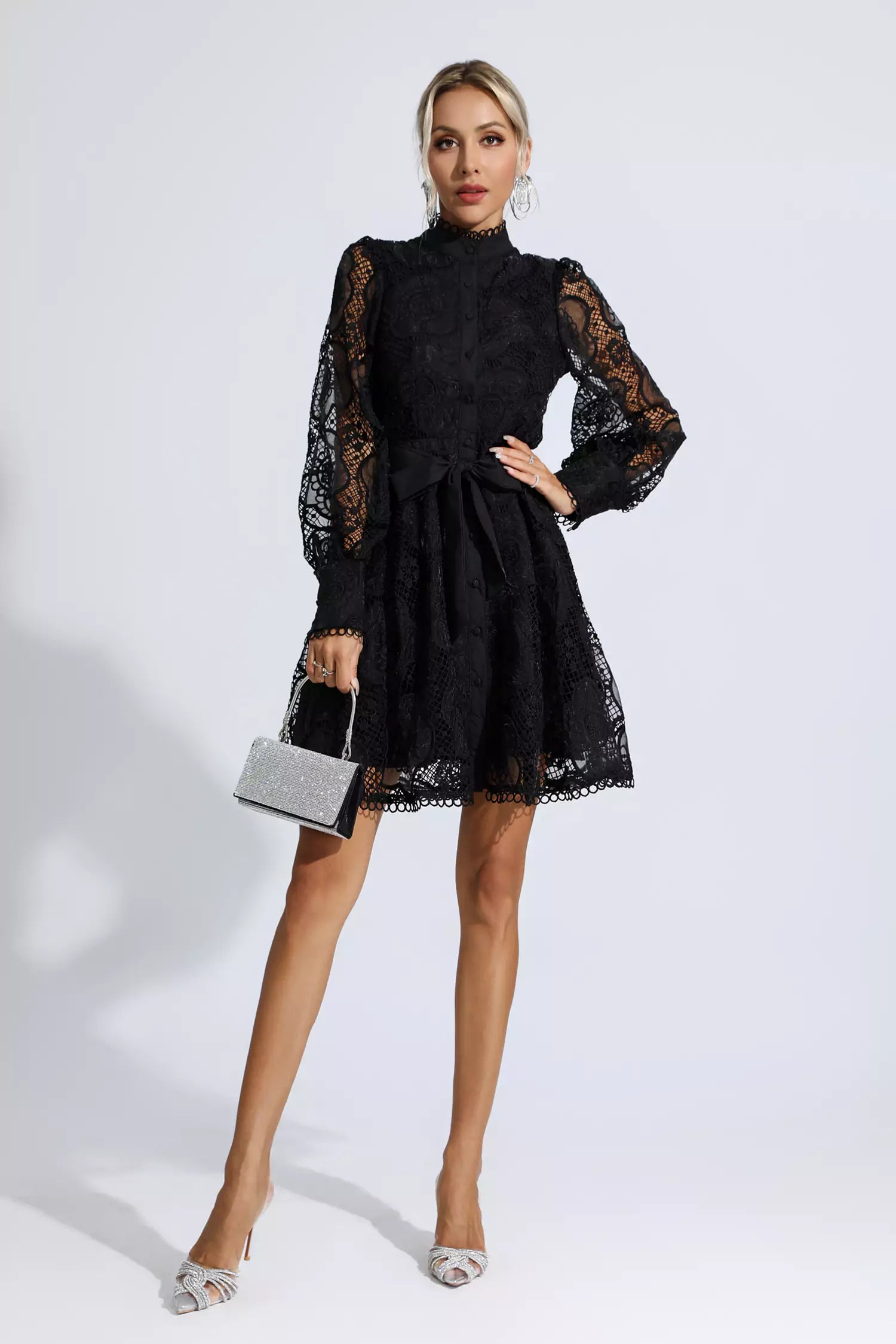 Lorelei Black Lace Jacquard Mini Dress-CATCHALL