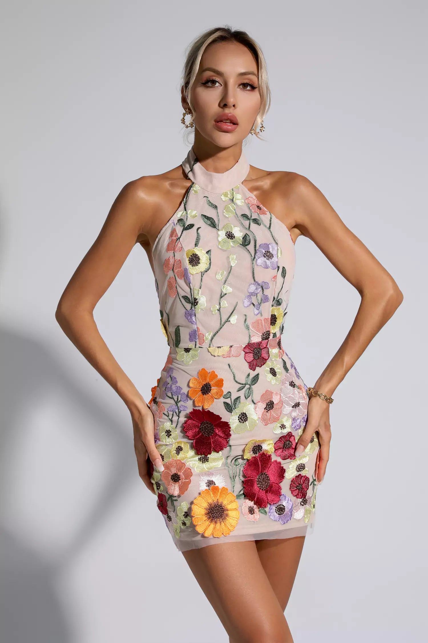 Luciana Flesh Pink Floral Embroidery Dress-CATCHALL