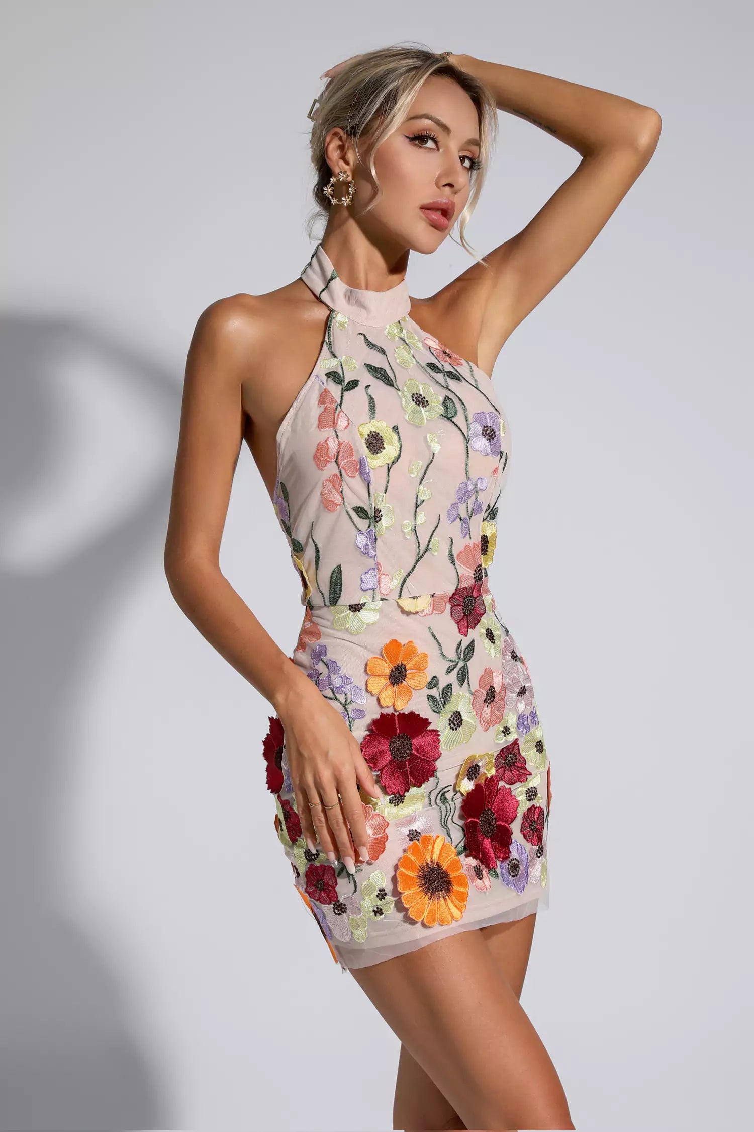 Luciana Flesh Pink Floral Embroidery Dress-CATCHALL