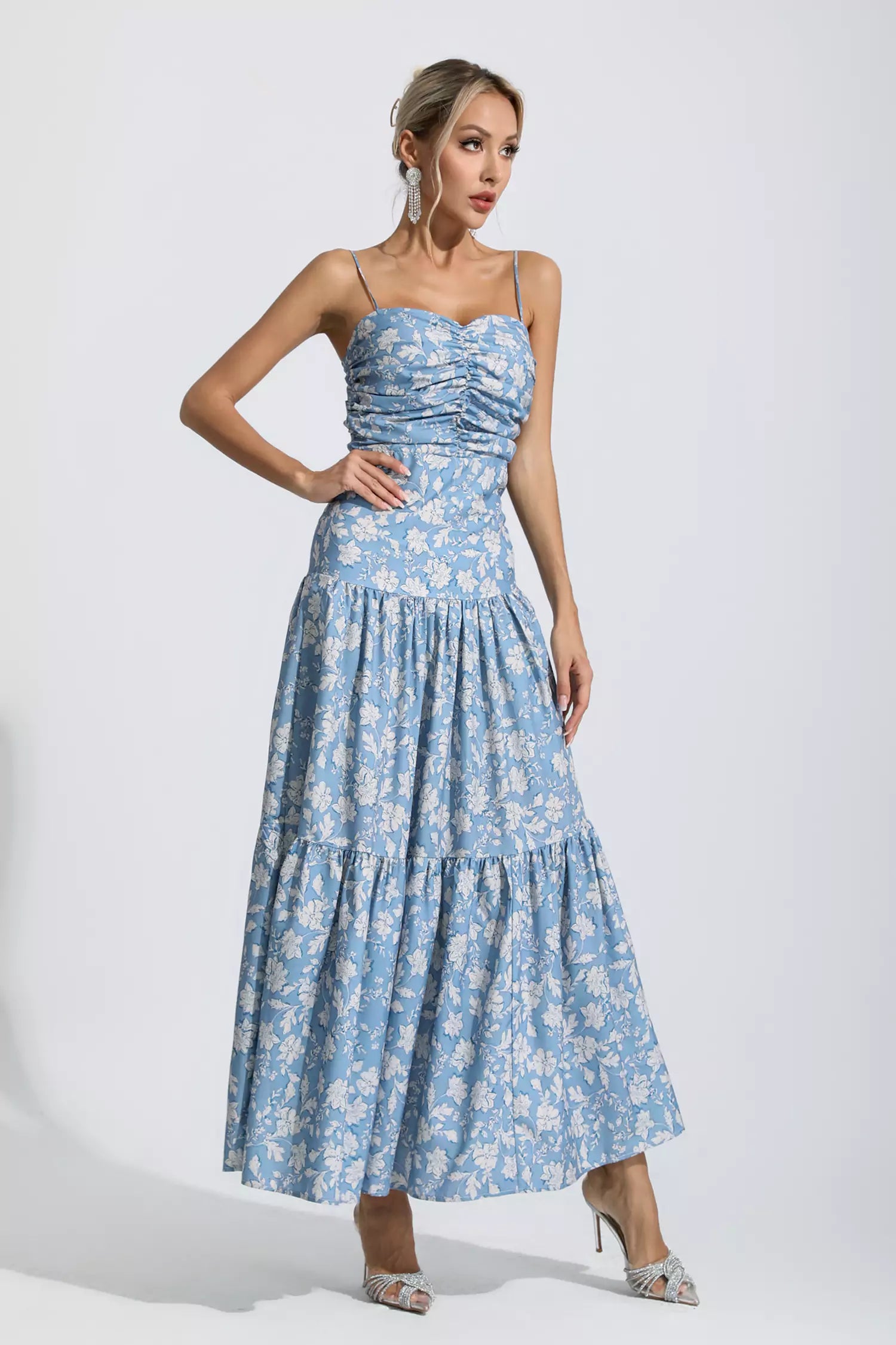 Lyra Blue Floral Ruched Slip Maxi Dress-CATCHALL