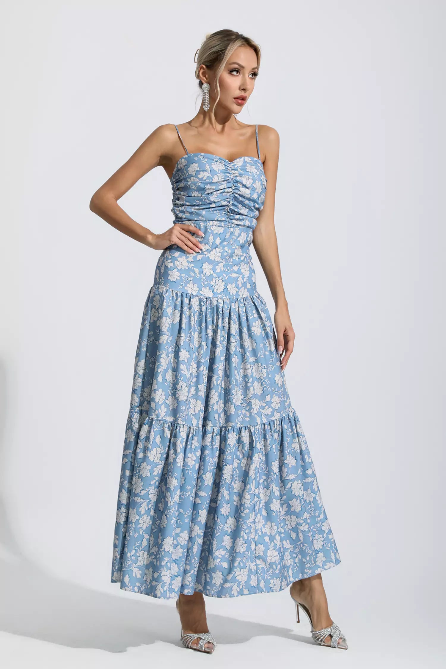 Lyra Blue Floral Ruched Slip Maxi Dress