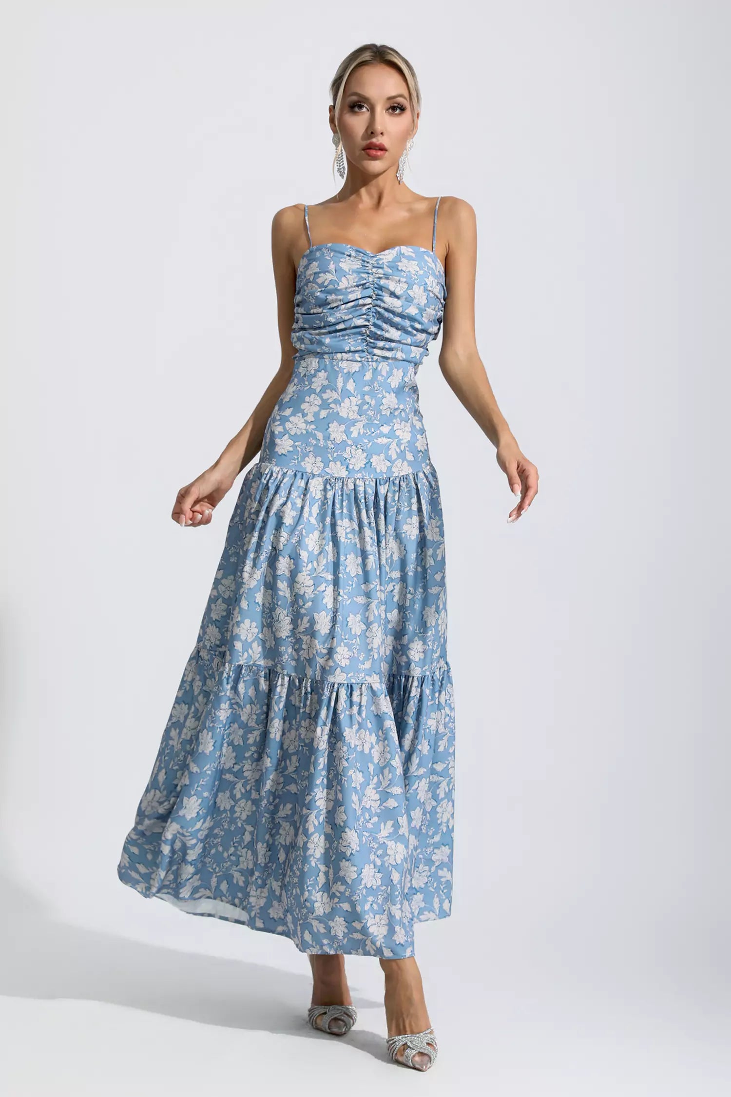 Lyra Blue Floral Ruched Slip Maxi Dress-CATCHALL